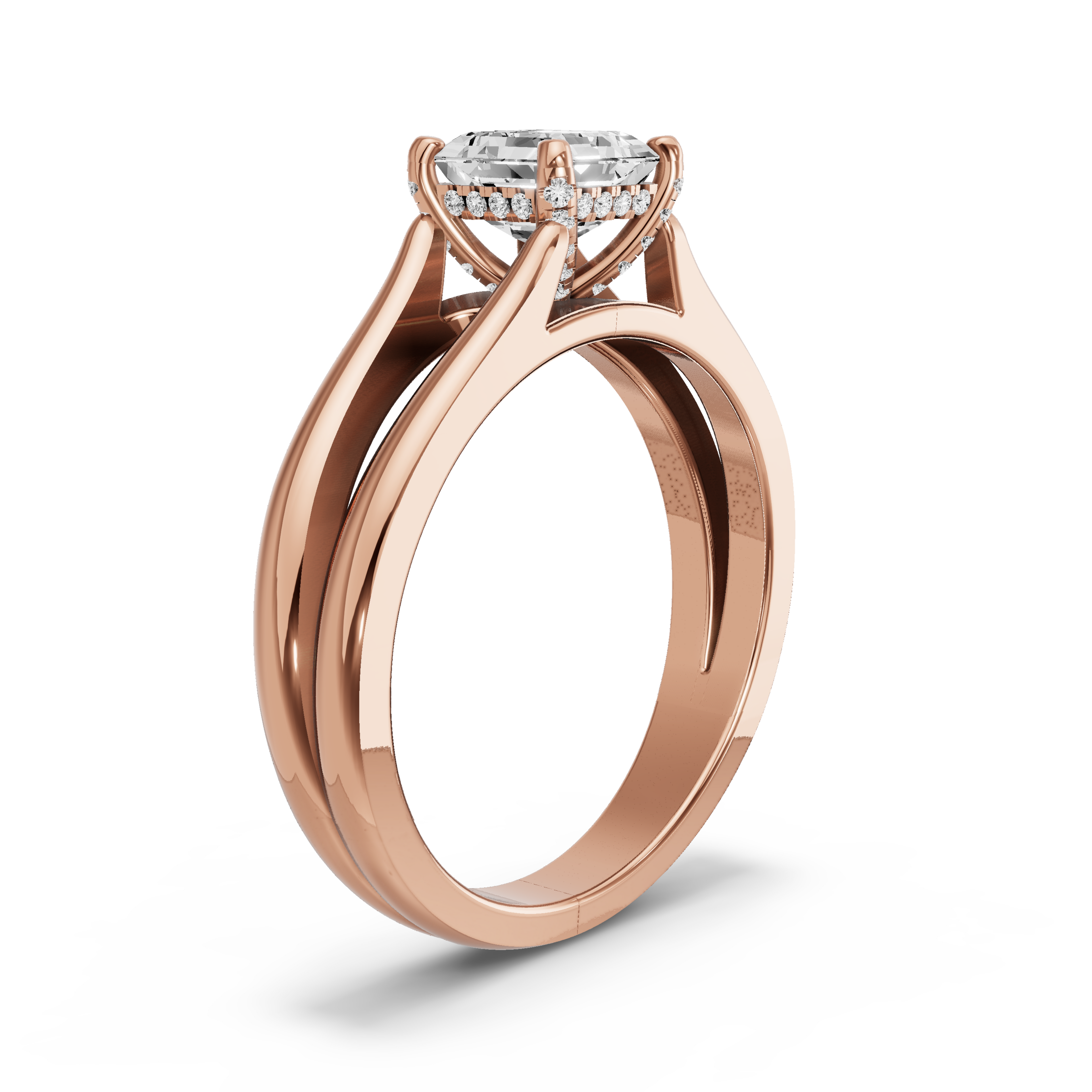 Image for Asscher Pave Basket Ring with Split Ring Solitaire band in 18K Yellow Gold