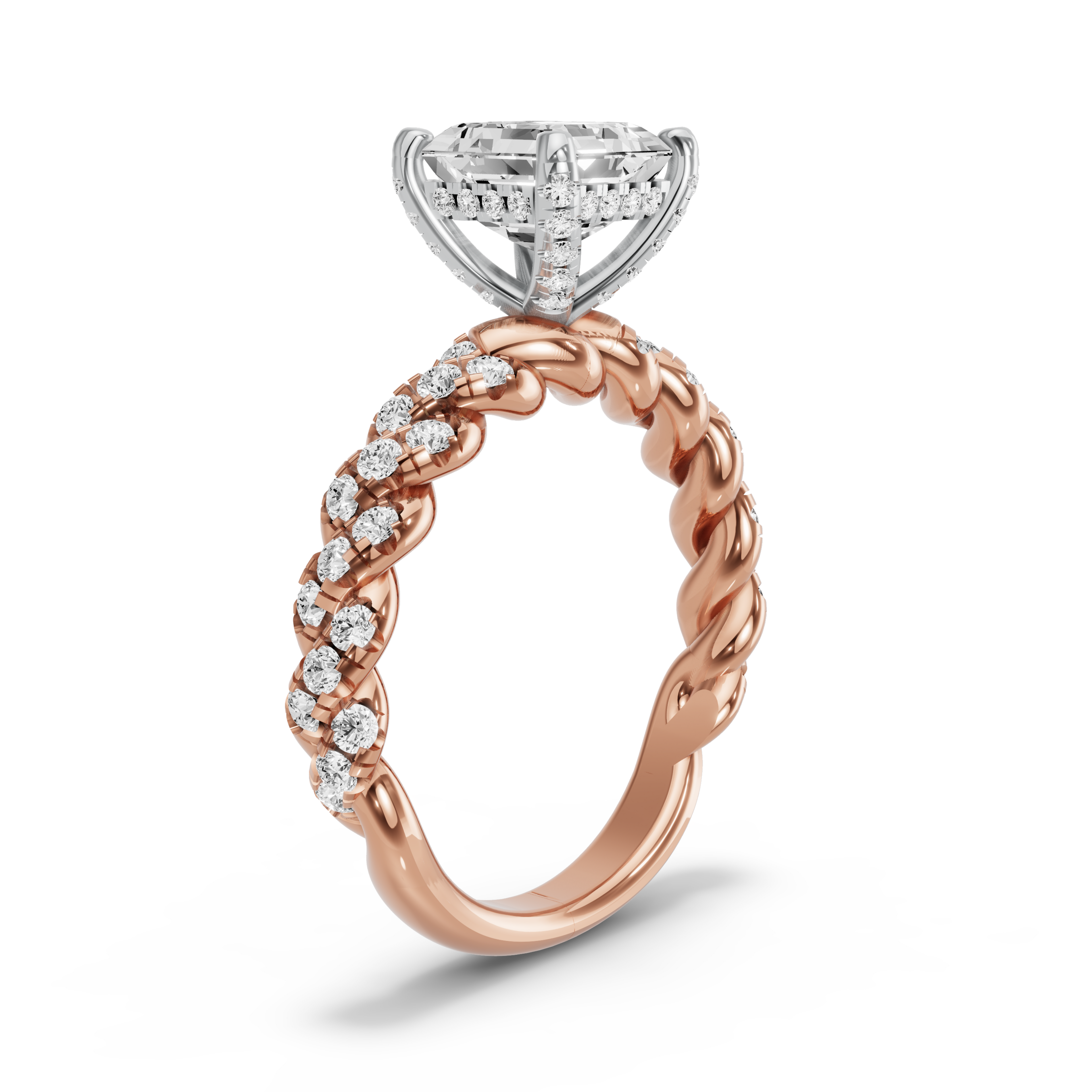 Image for Asscher Pave Basket Ring with Twist Pave band in 14K Two Tone Yellow Gold
