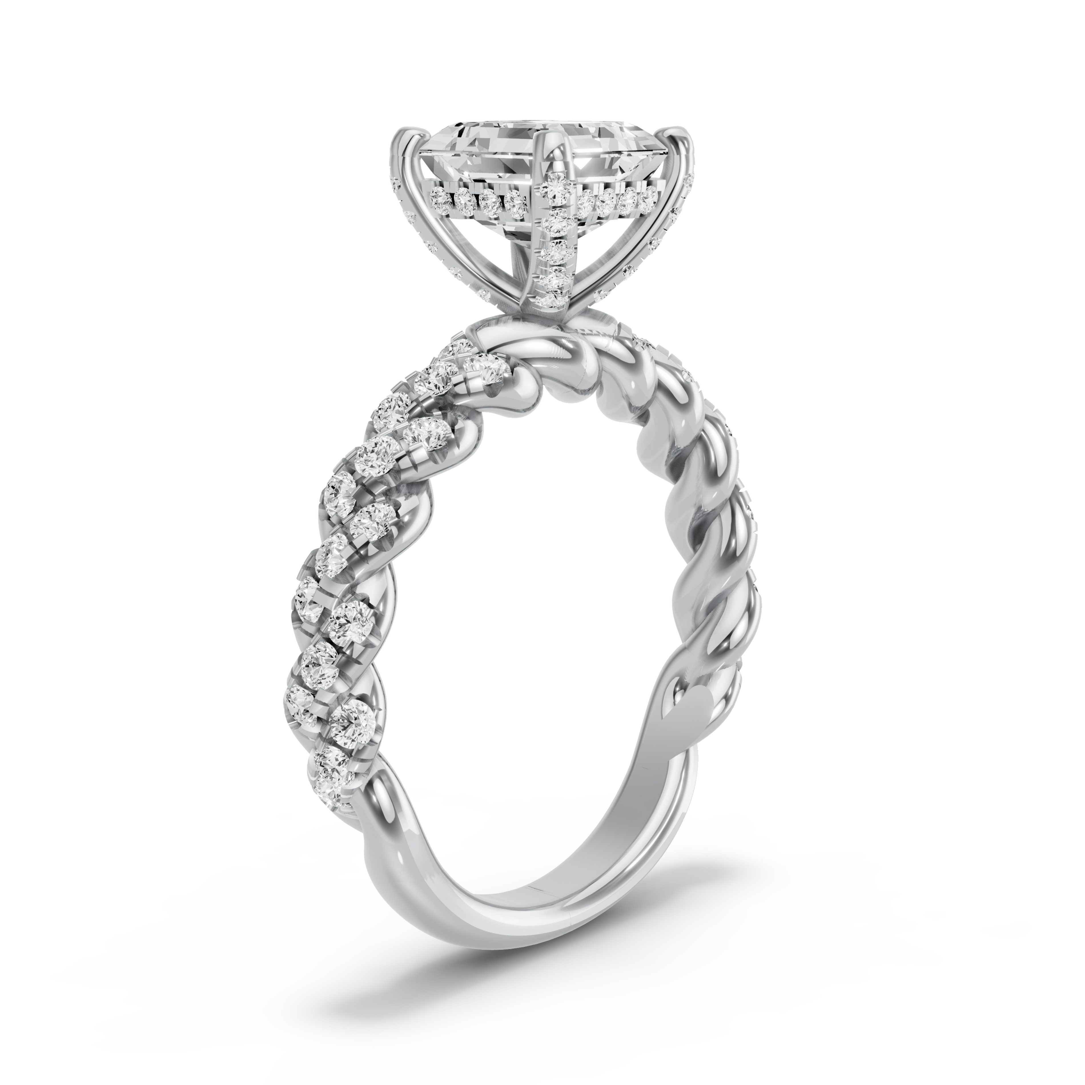 Image for Asscher Pave Basket Ring with Twist Pave band in 14K Two Tone Rose Gold