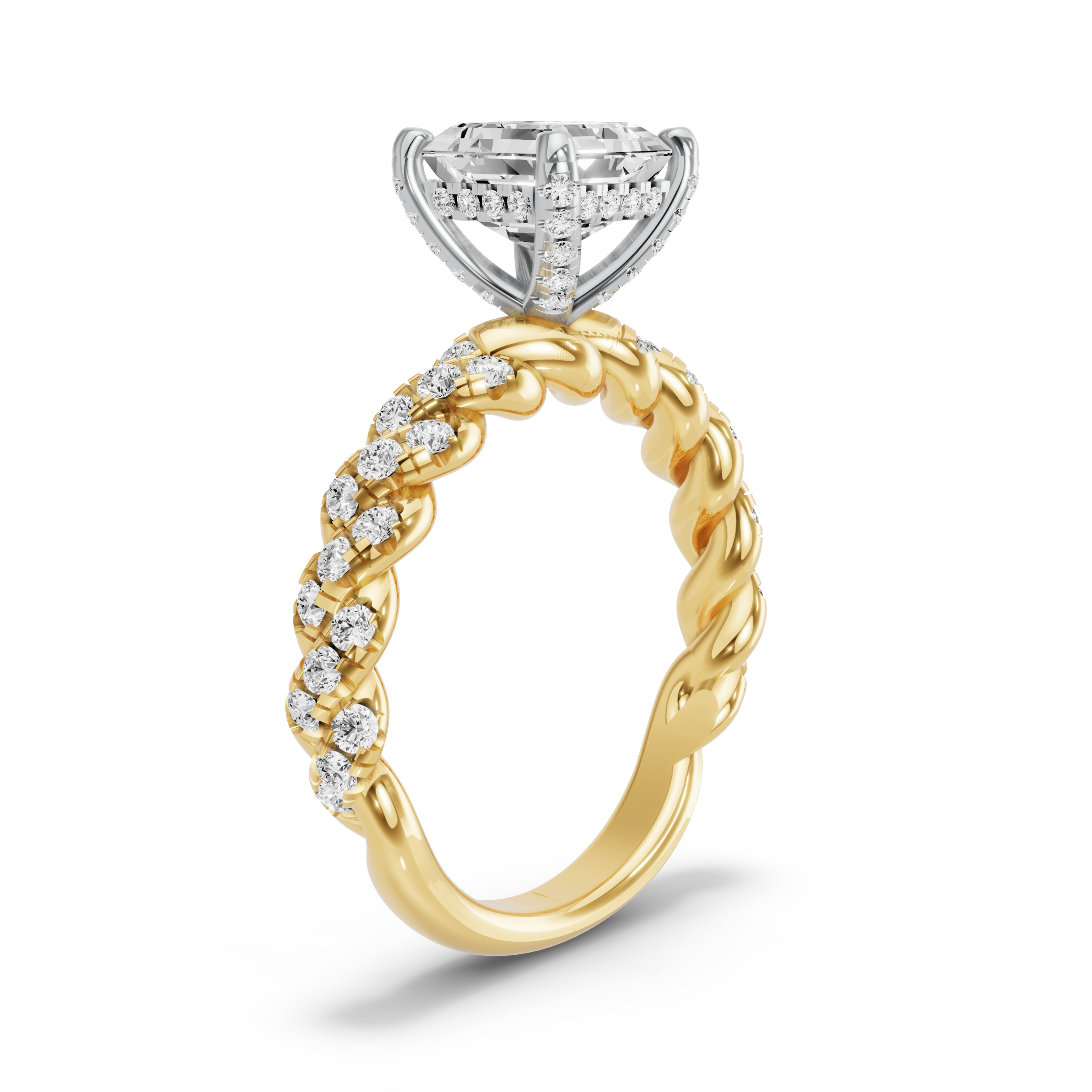 Image for Asscher Pave Basket Ring with Twist Pave band in 18K Rose Gold
