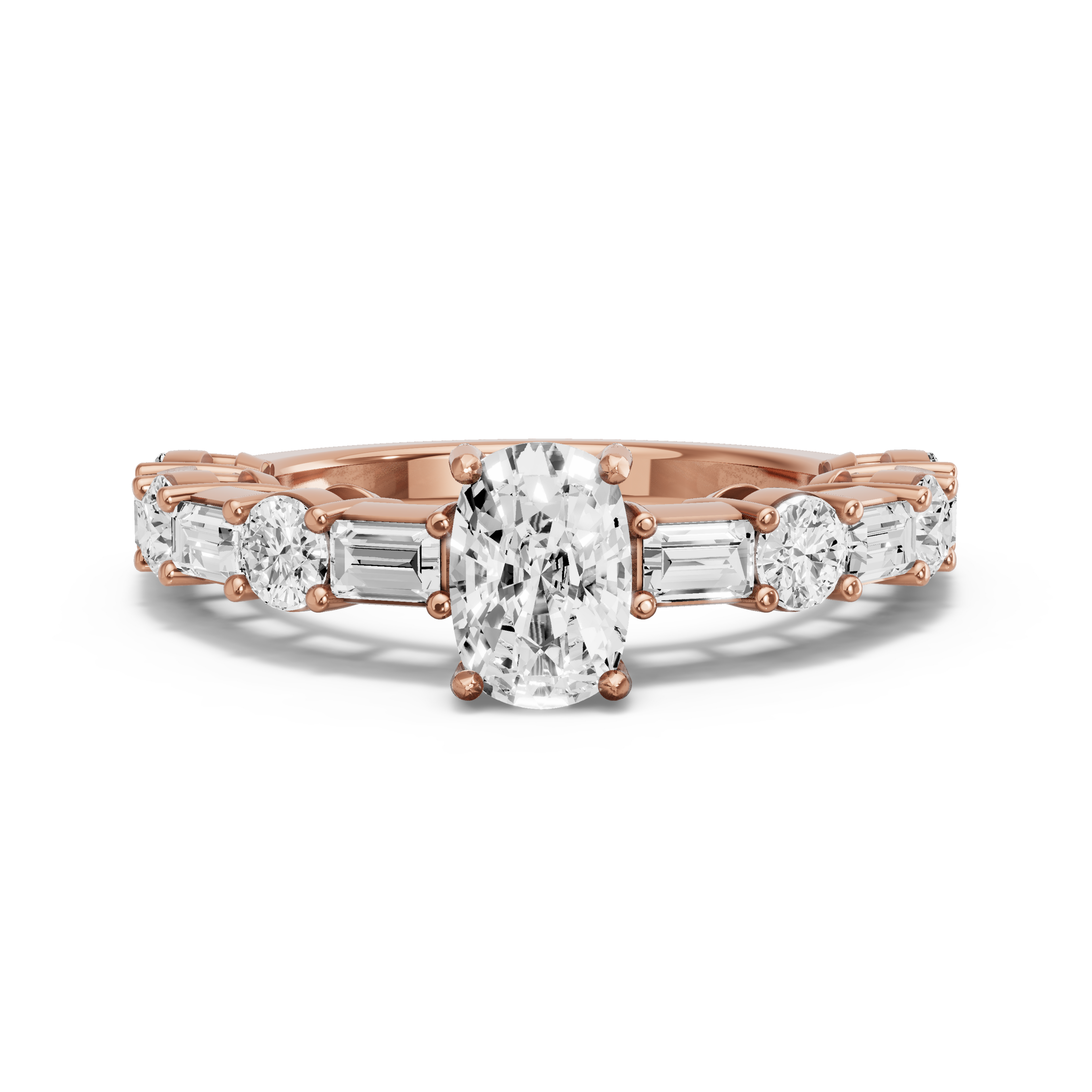 Image for Cushion Pave Basket Ring with Alternating Baguette band in 18K Rose Gold