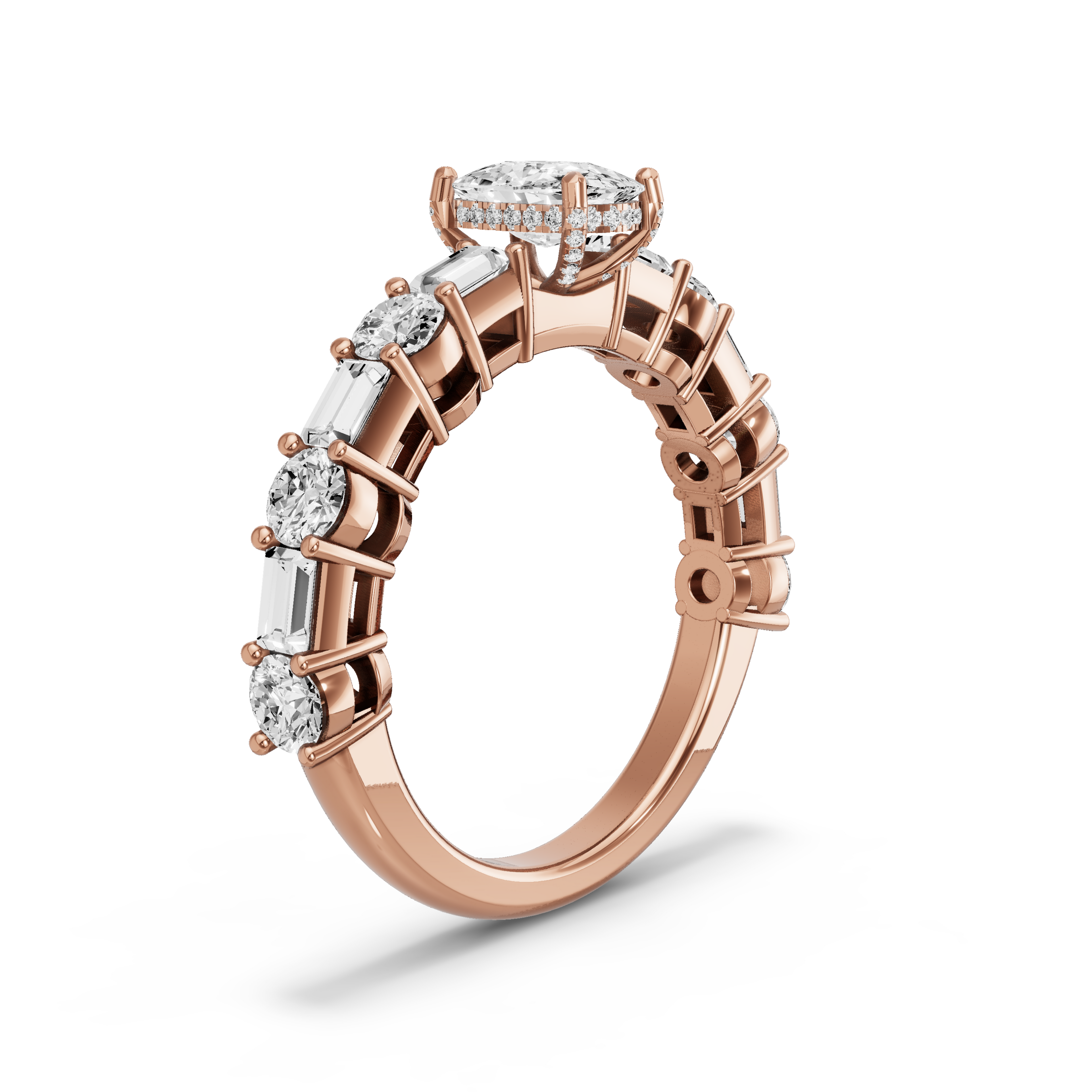 Image for Cushion Pave Basket Ring with Alternating Baguette band in 14K Rose Gold