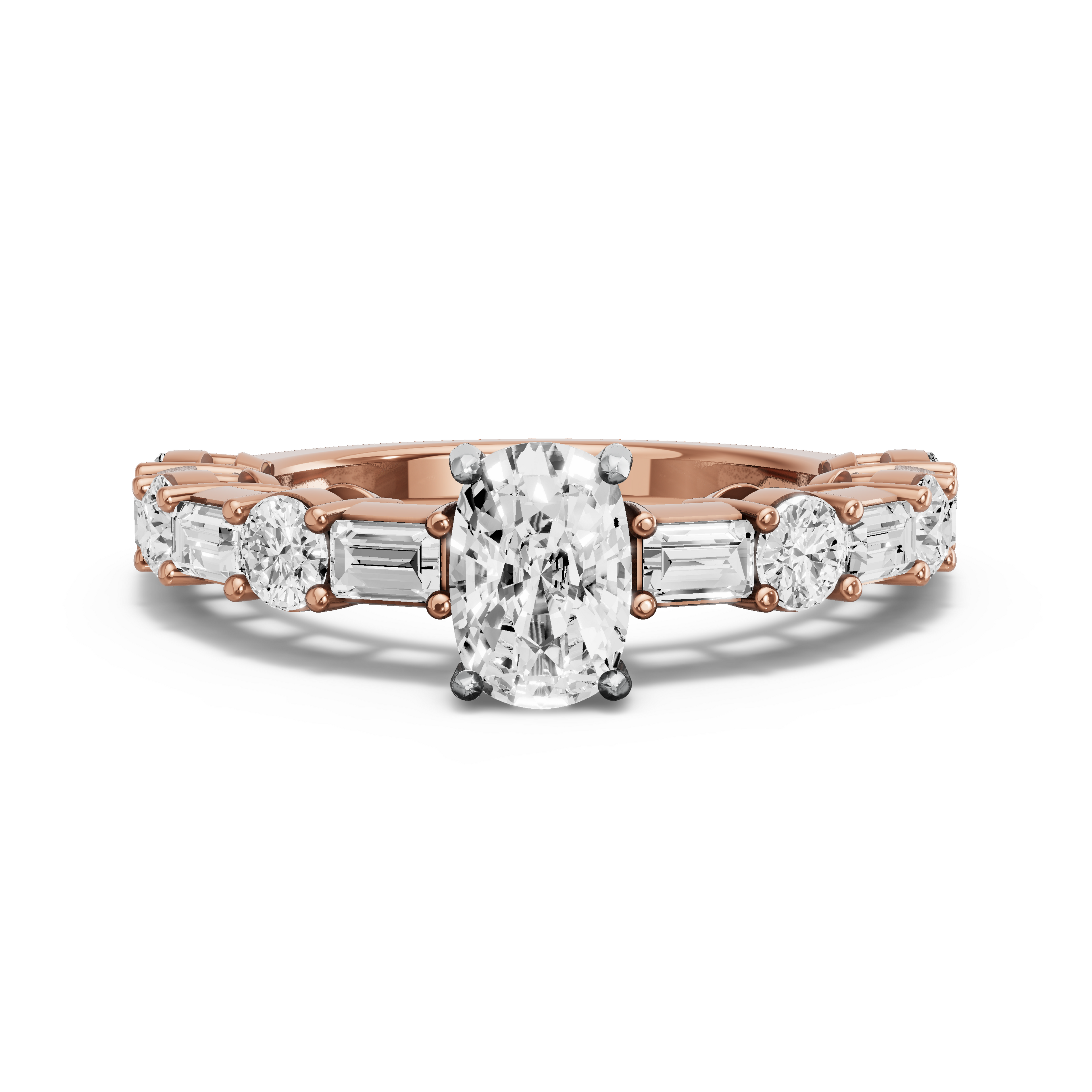 Image for Cushion Pave Basket Ring with Alternating Baguette band in 18K Two Tone Rose Gold