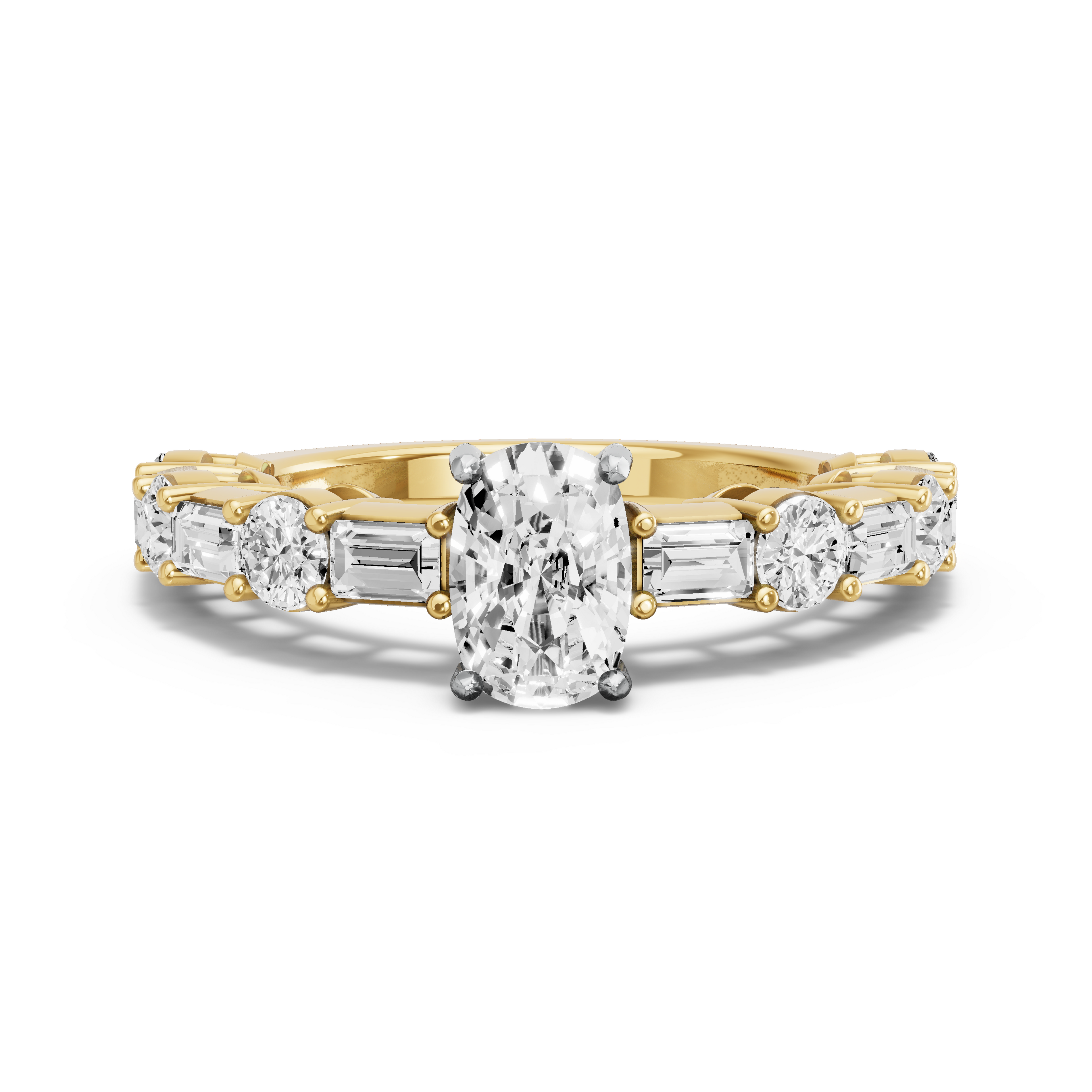 Image for Cushion Pave Basket Ring with Alternating Baguette band in 14K Two Tone Yellow Gold