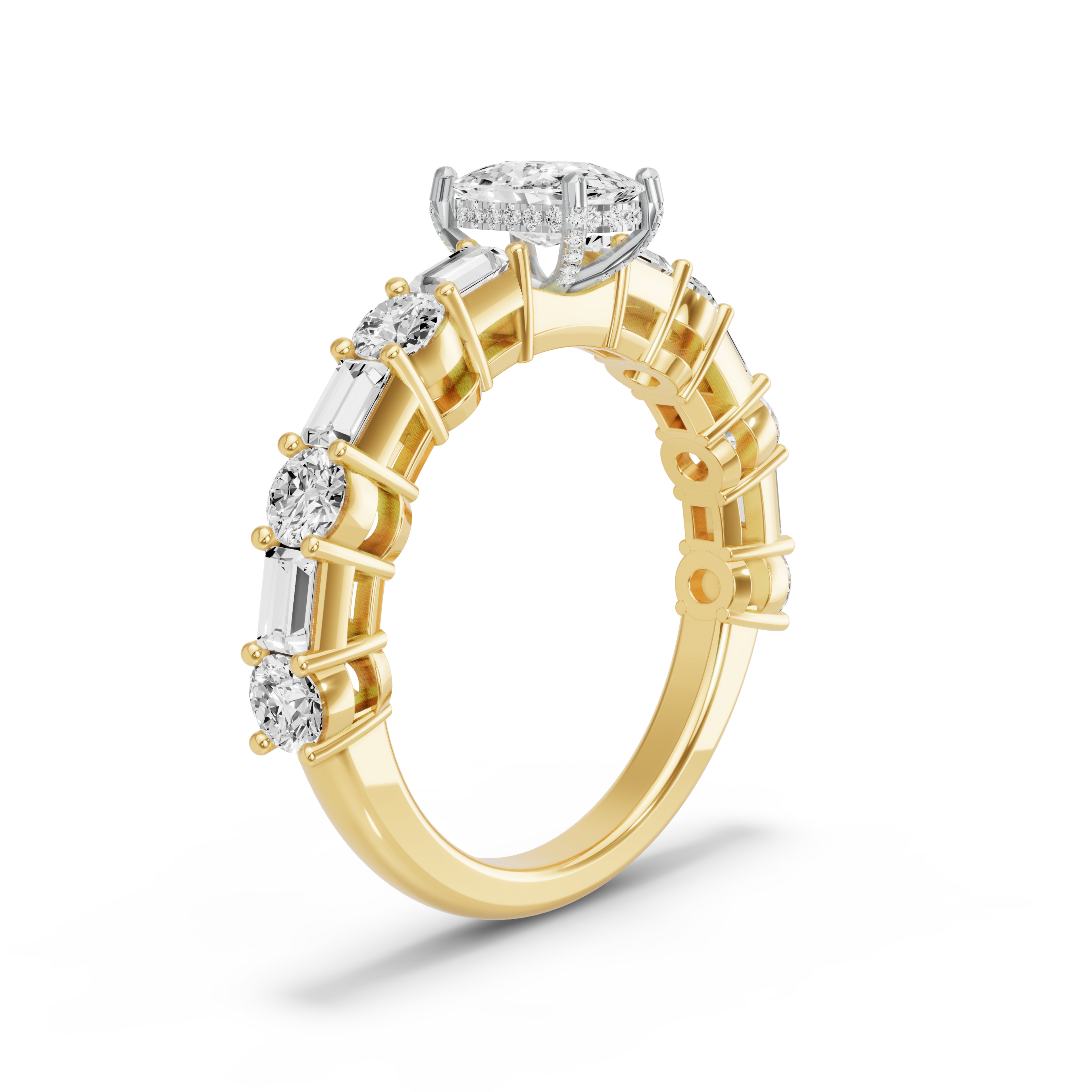 Image for Cushion Pave Basket Ring with Alternating Baguette band in 10K Two Tone Yellow Gold