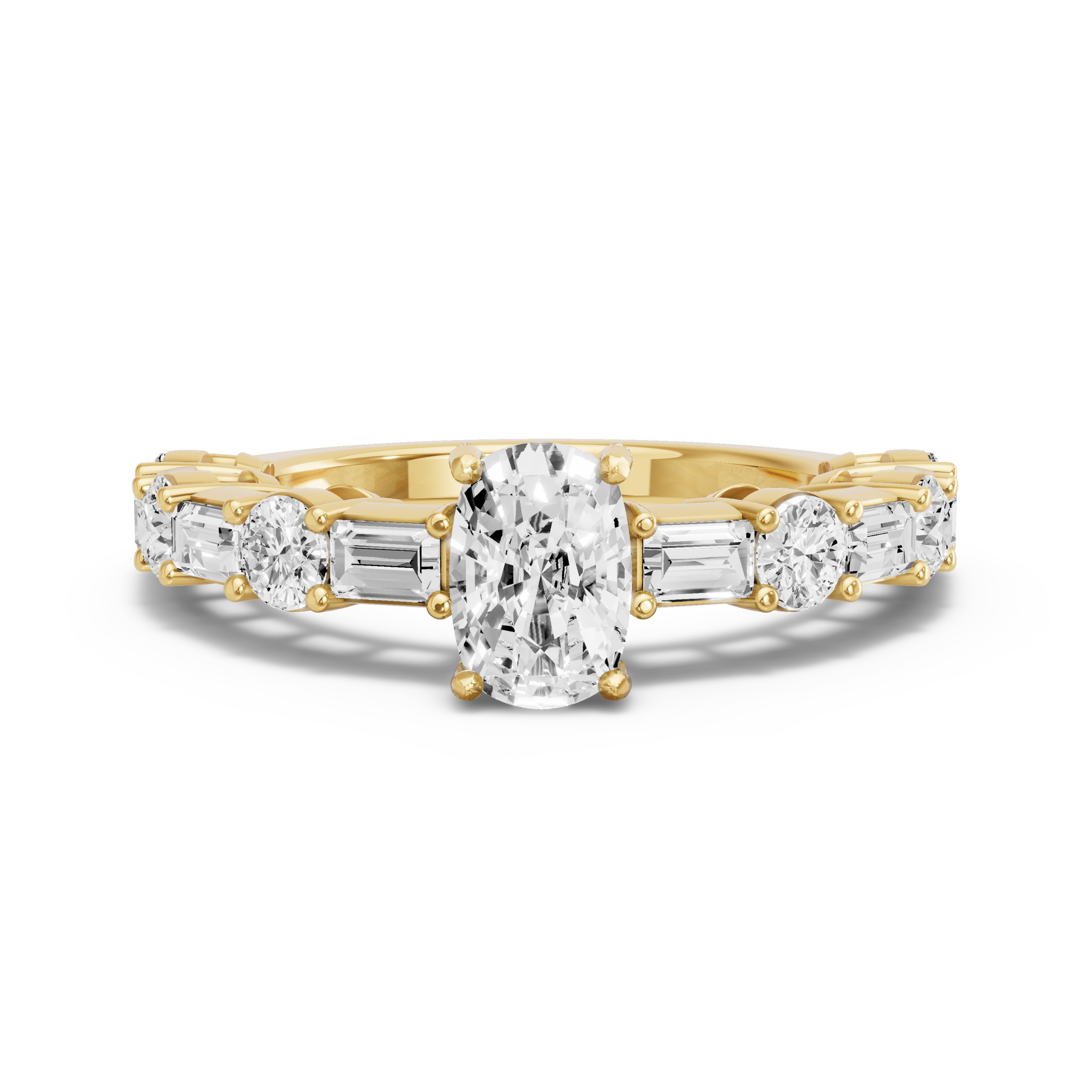 Image for Cushion Pave Basket Ring with Alternating Baguette band in 14K Yellow Gold