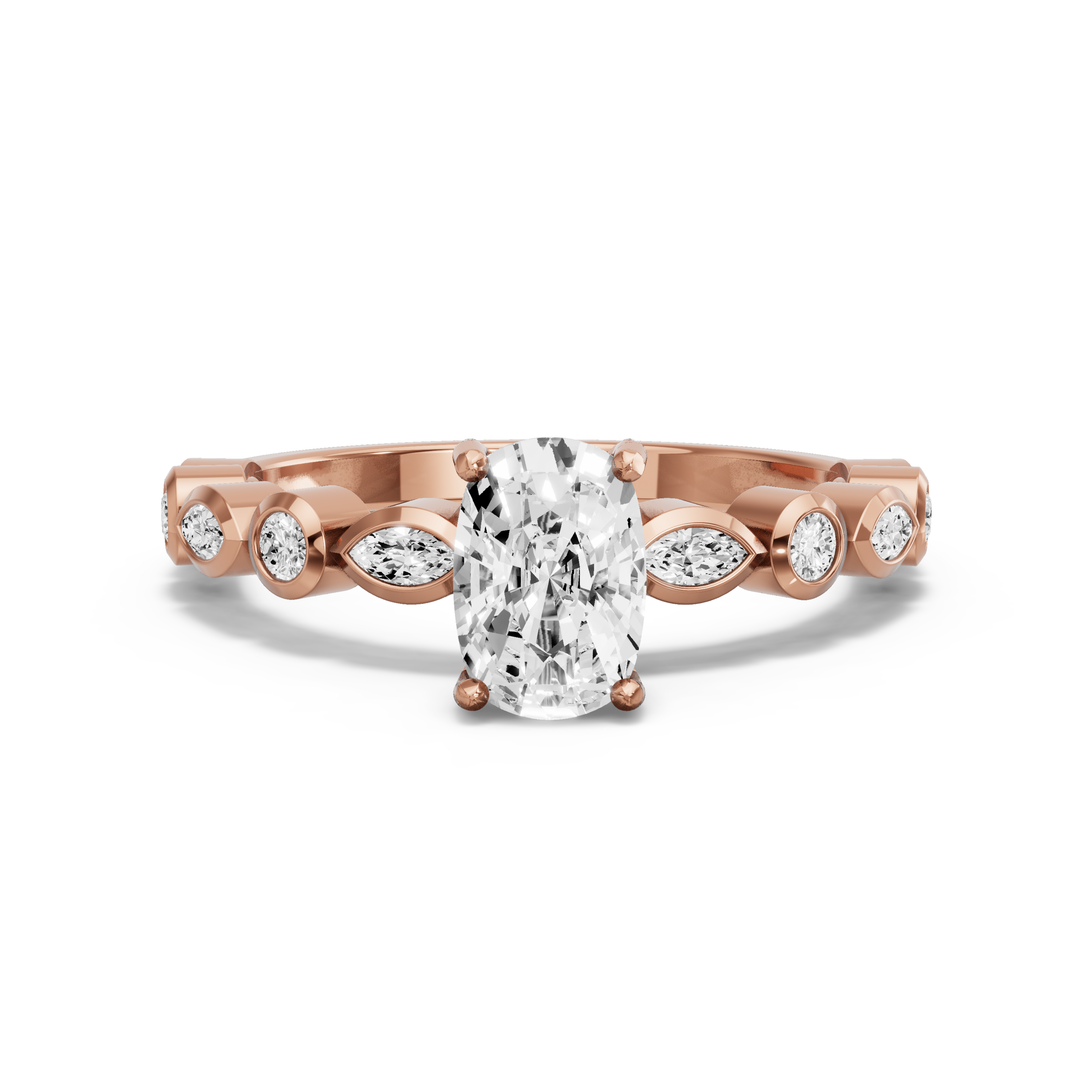 Image for Cushion Pave Basket Ring with Alternating Marquise band in 10K Rose Gold
