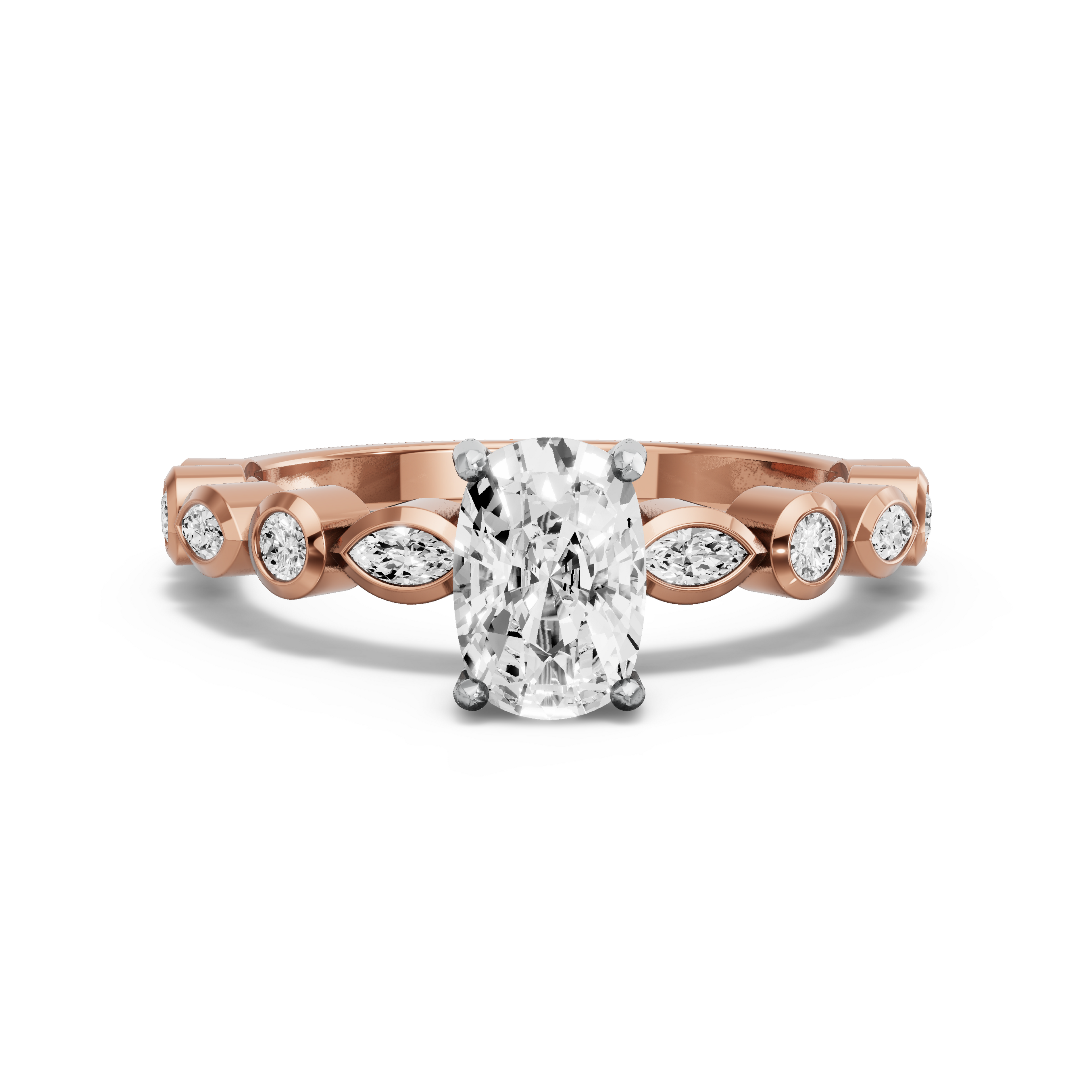 Image for Cushion Pave Basket Ring with Alternating Marquise band in 14K Two Tone Rose Gold