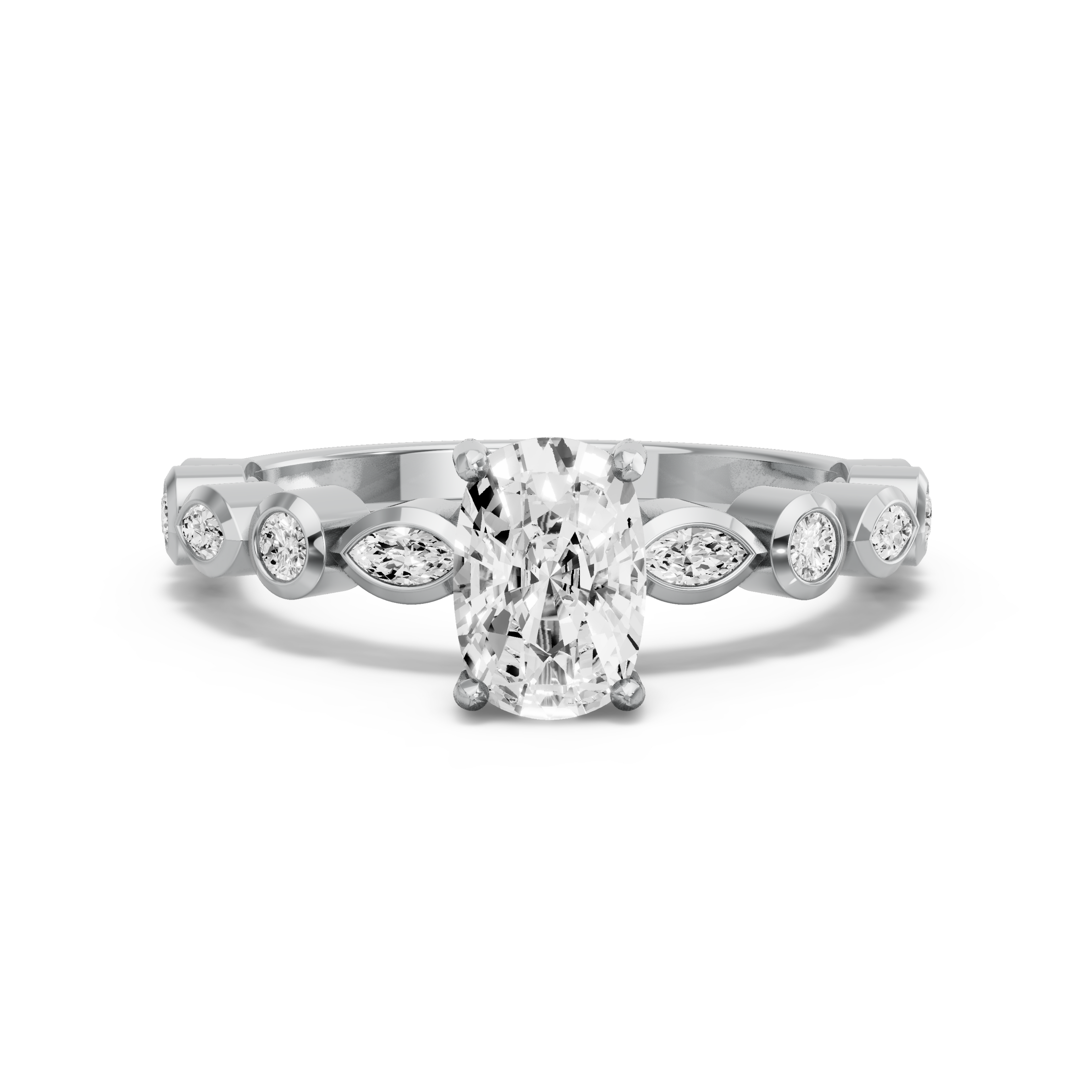 Image for Cushion Pave Basket Ring with Alternating Marquise band in 18K White Gold
