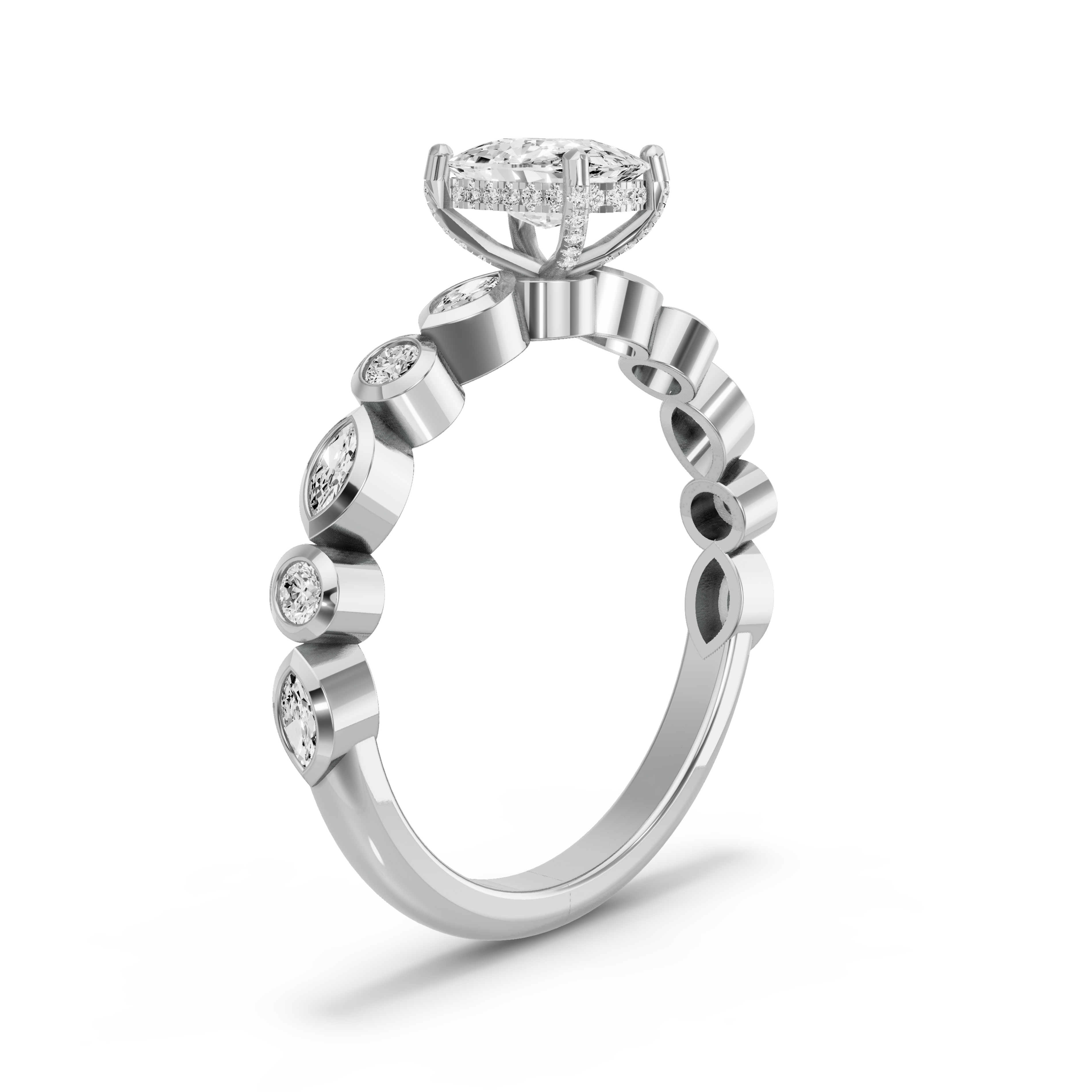 Image for Cushion Pave Basket Ring with Alternating Marquise band in 18K White Gold
