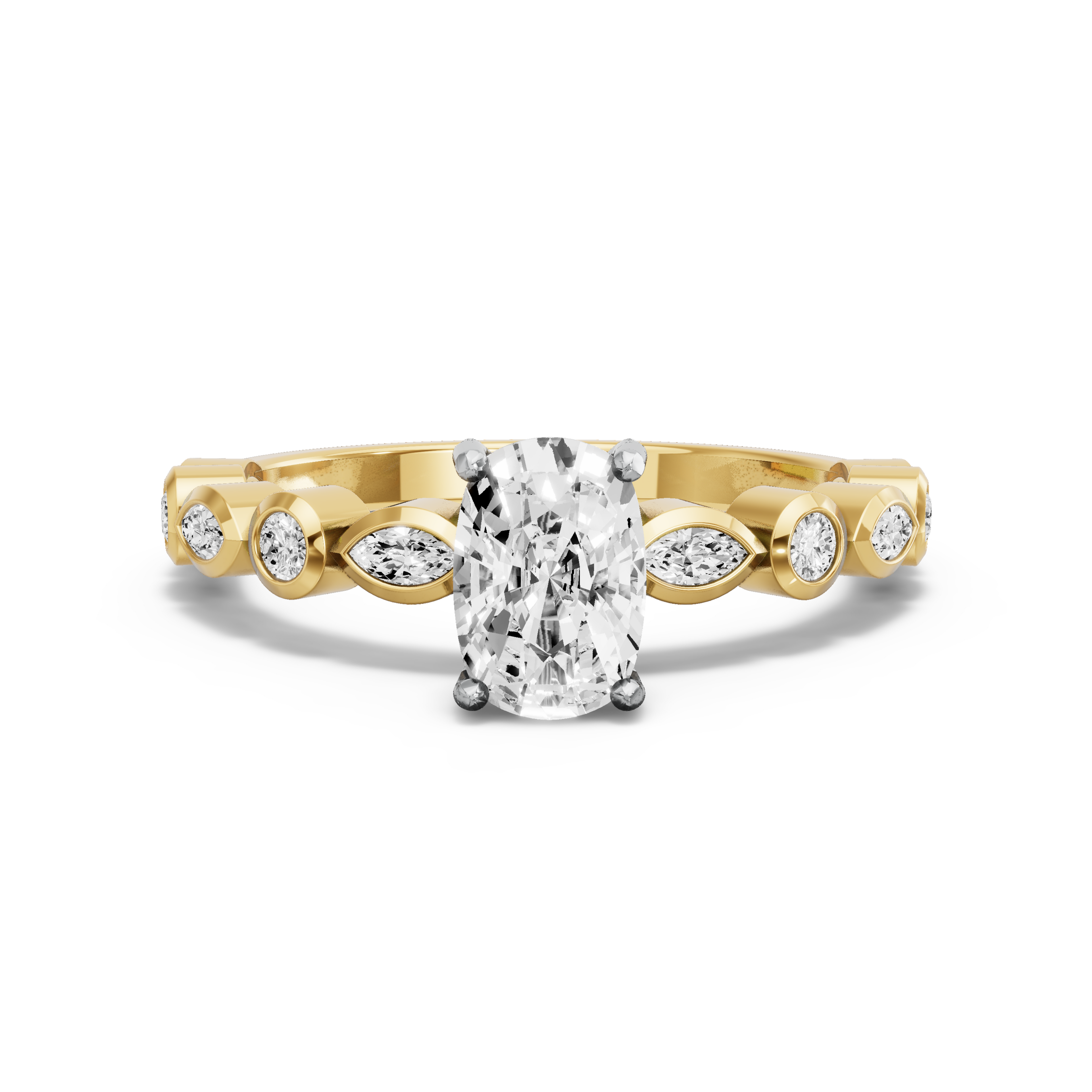 Image for Cushion Pave Basket Ring with Alternating Marquise band in 18K Two Tone Yellow Gold