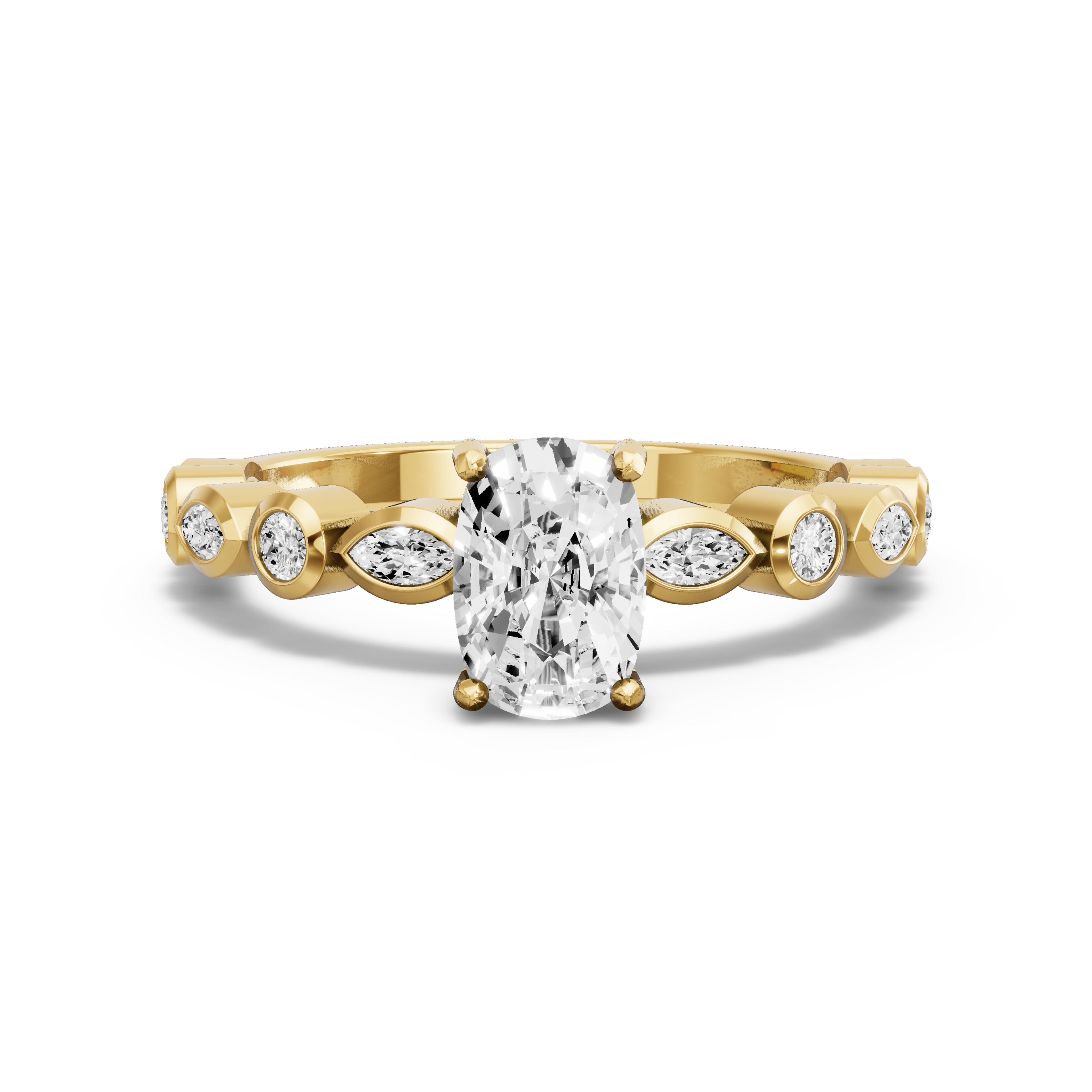 Image for Cushion Pave Basket Ring with Alternating Marquise band in 10K Yellow Gold