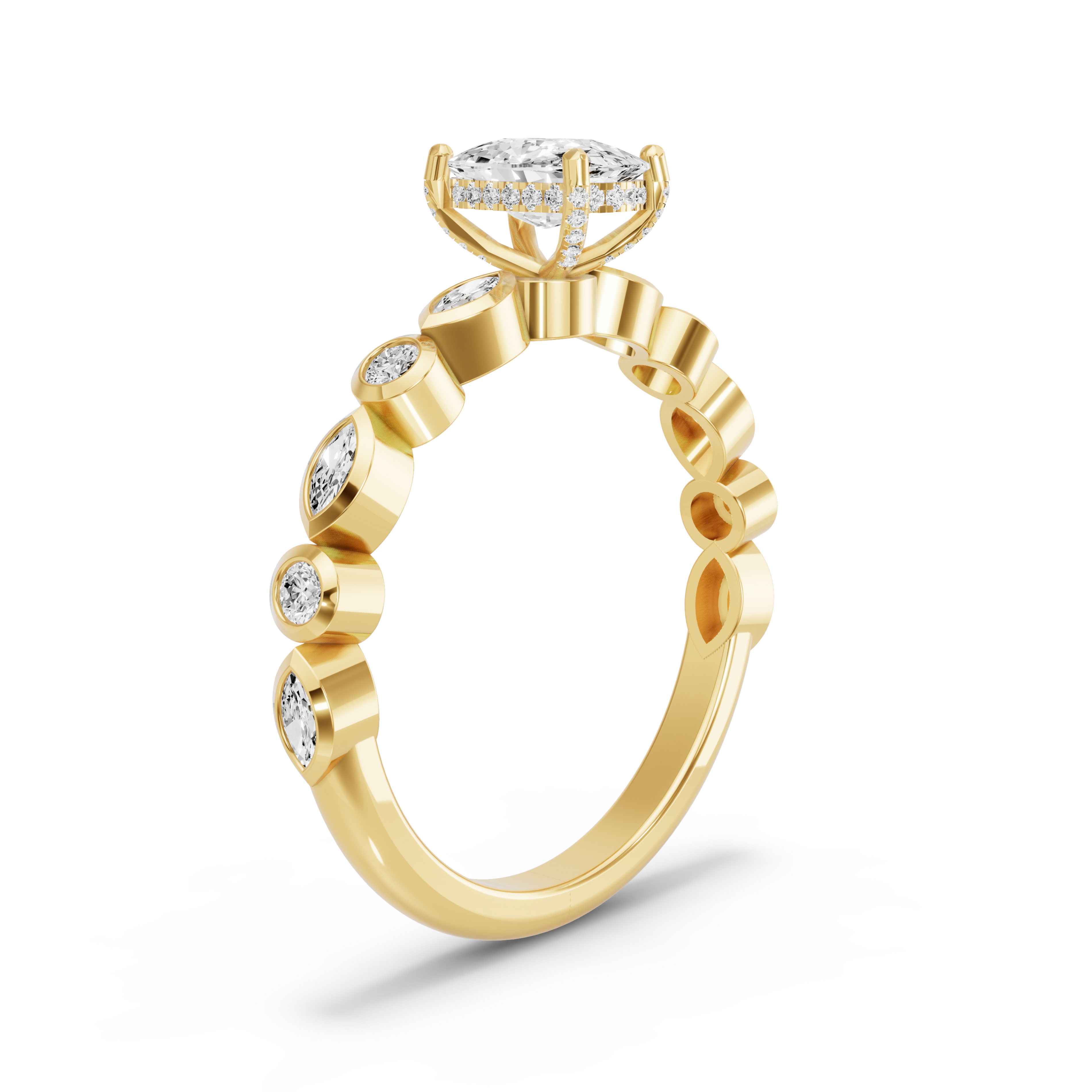 Image for Cushion Pave Basket Ring with Alternating Marquise band in 10K Yellow Gold