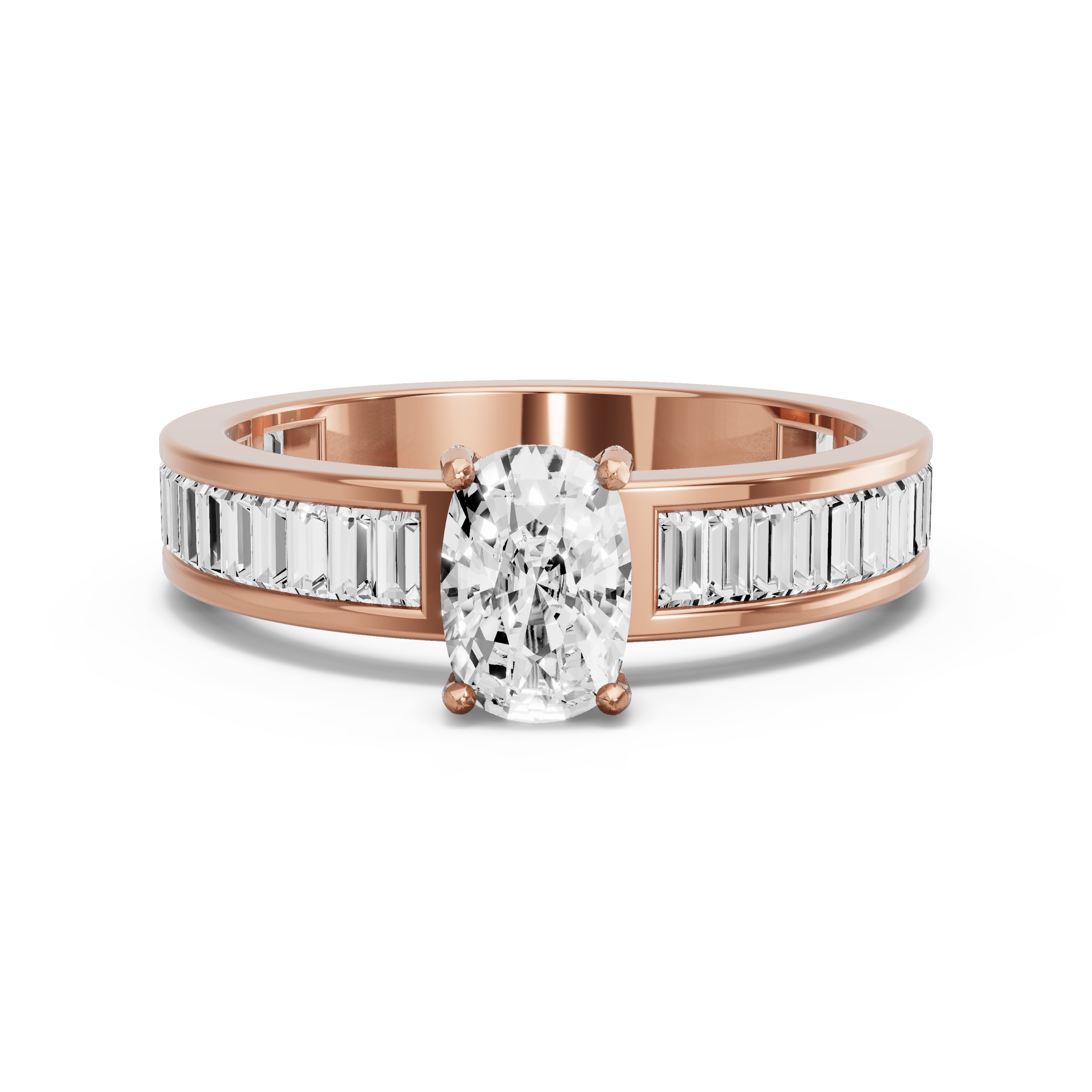 Image for Cushion Pave Basket Ring with Baguette Channel band in 10K Rose Gold