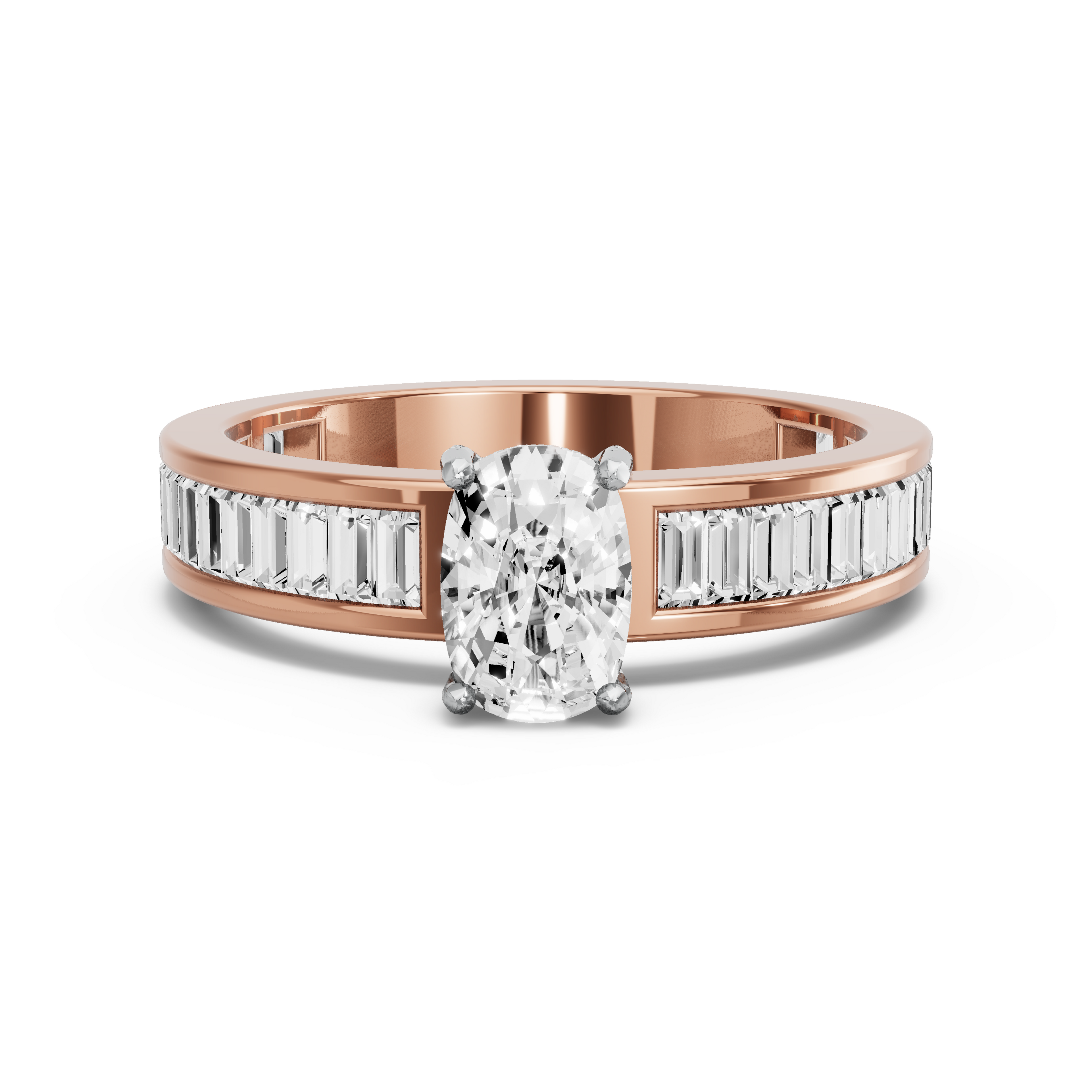 Image for Cushion Pave Basket Ring with Baguette Channel band in 10K Two Tone Rose Gold
