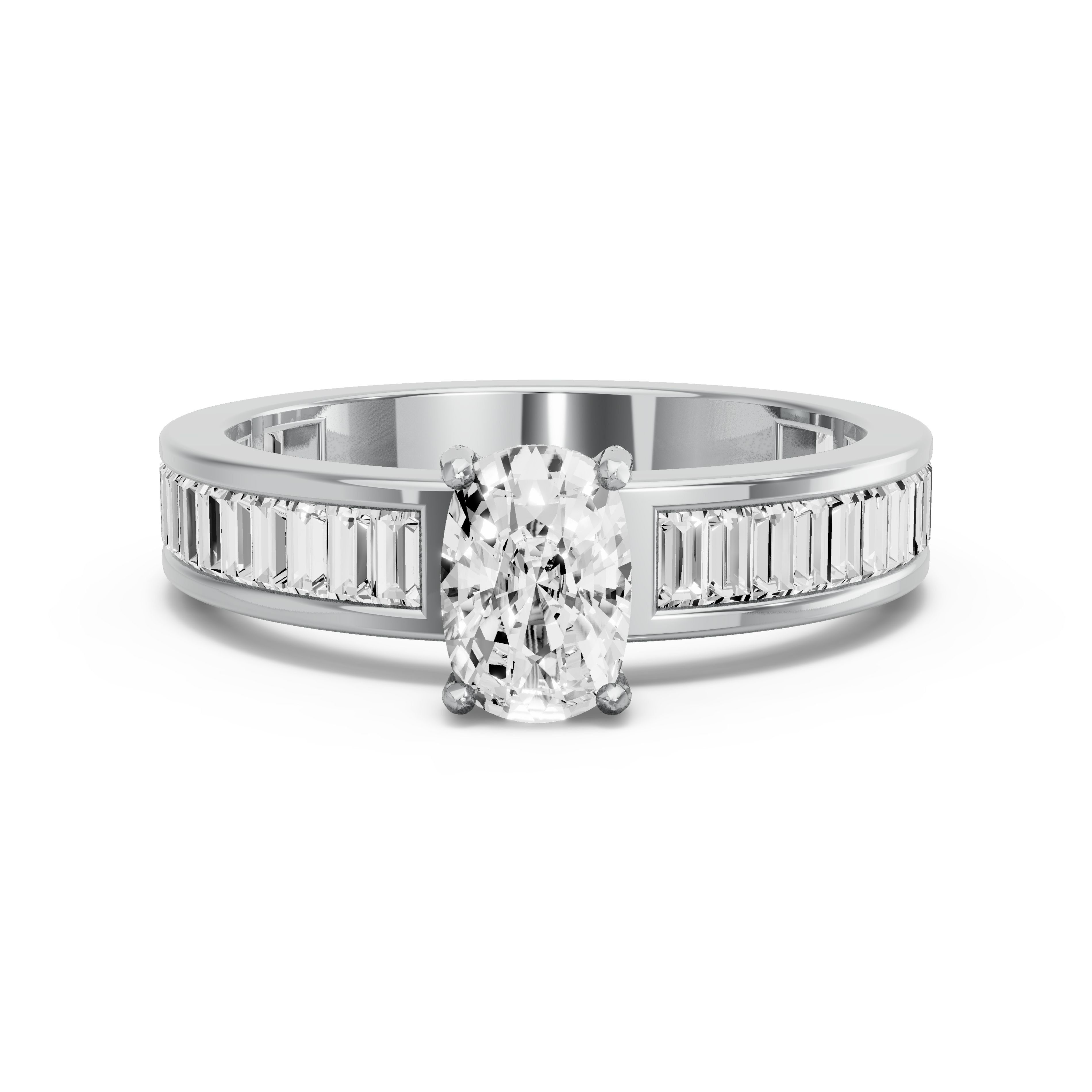 Image for Cushion Pave Basket Ring with Baguette Channel band in 14K White Gold