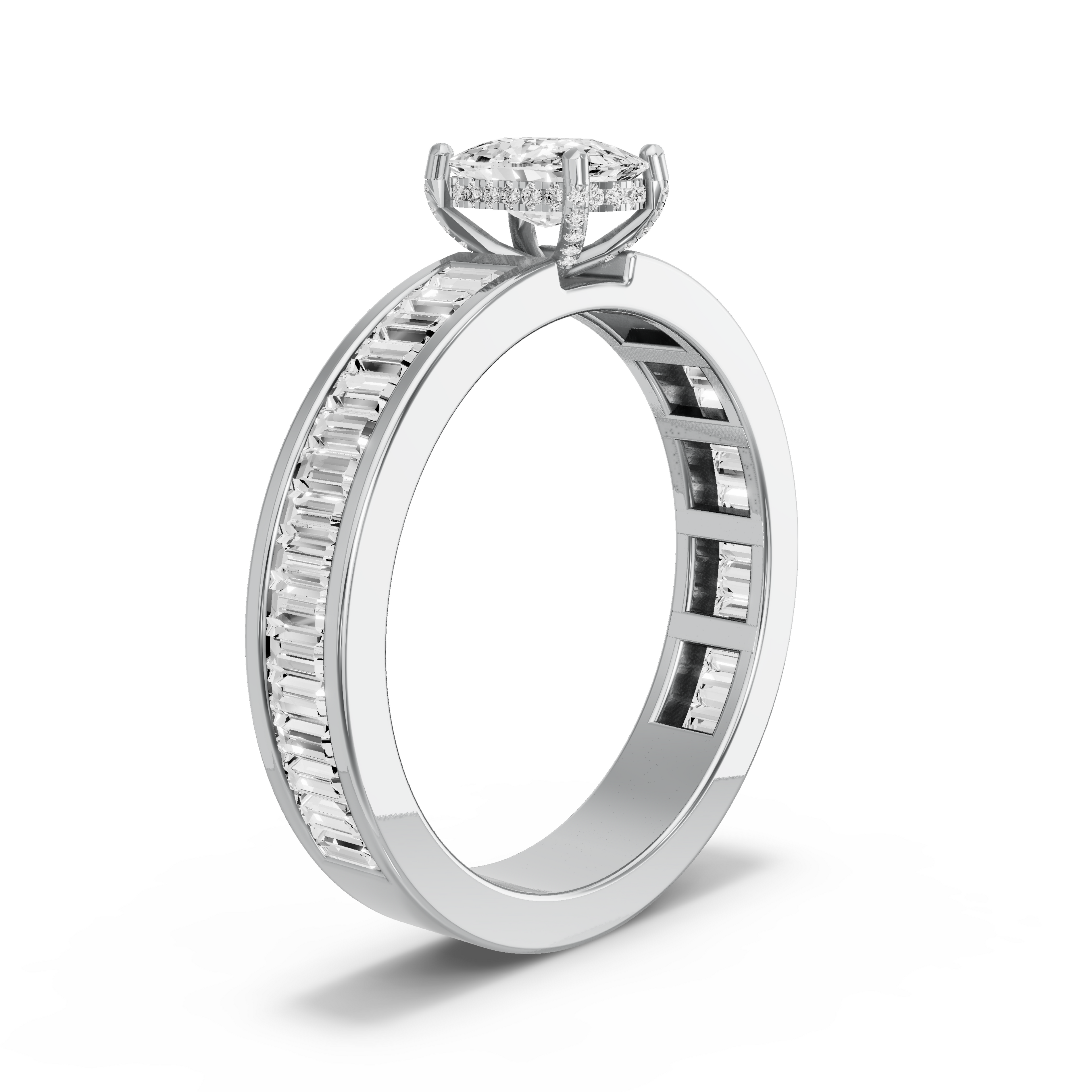 Image for Cushion Pave Basket Ring with Baguette Channel band in 18K White Gold