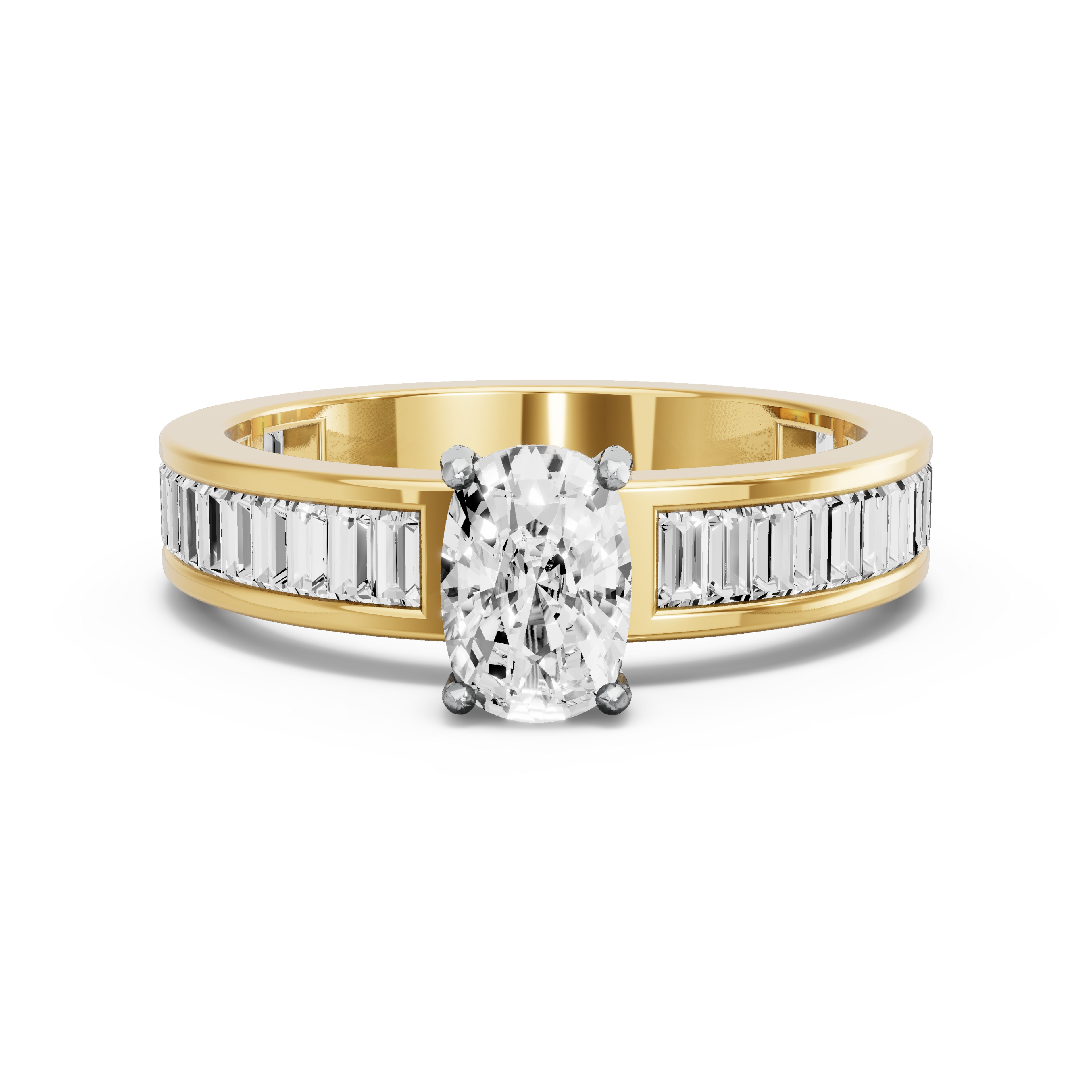 Image for Cushion Pave Basket Ring with Baguette Channel band in 18K Two Tone Yellow Gold