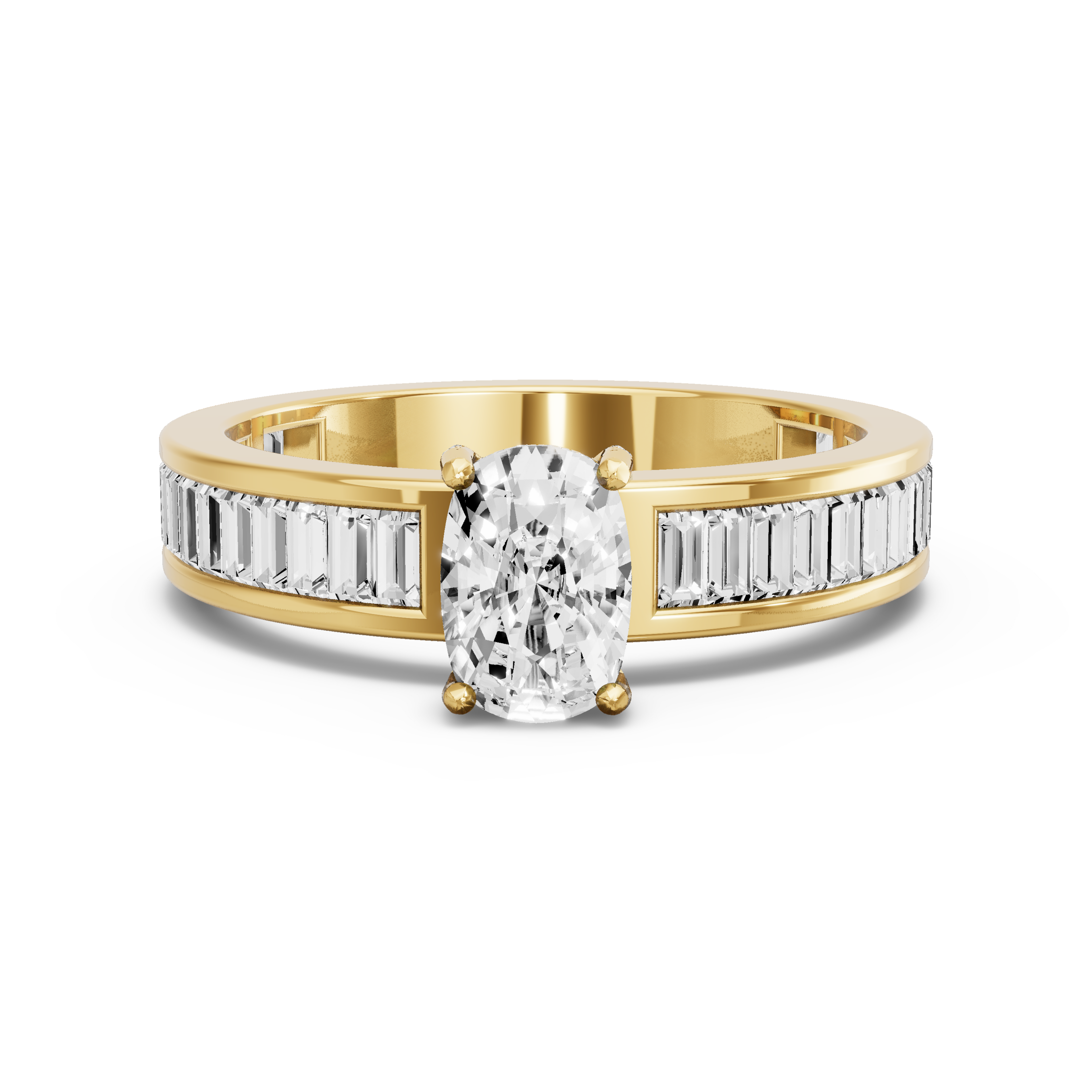 Image for Cushion Pave Basket Ring with Baguette Channel band in 14K Yellow Gold