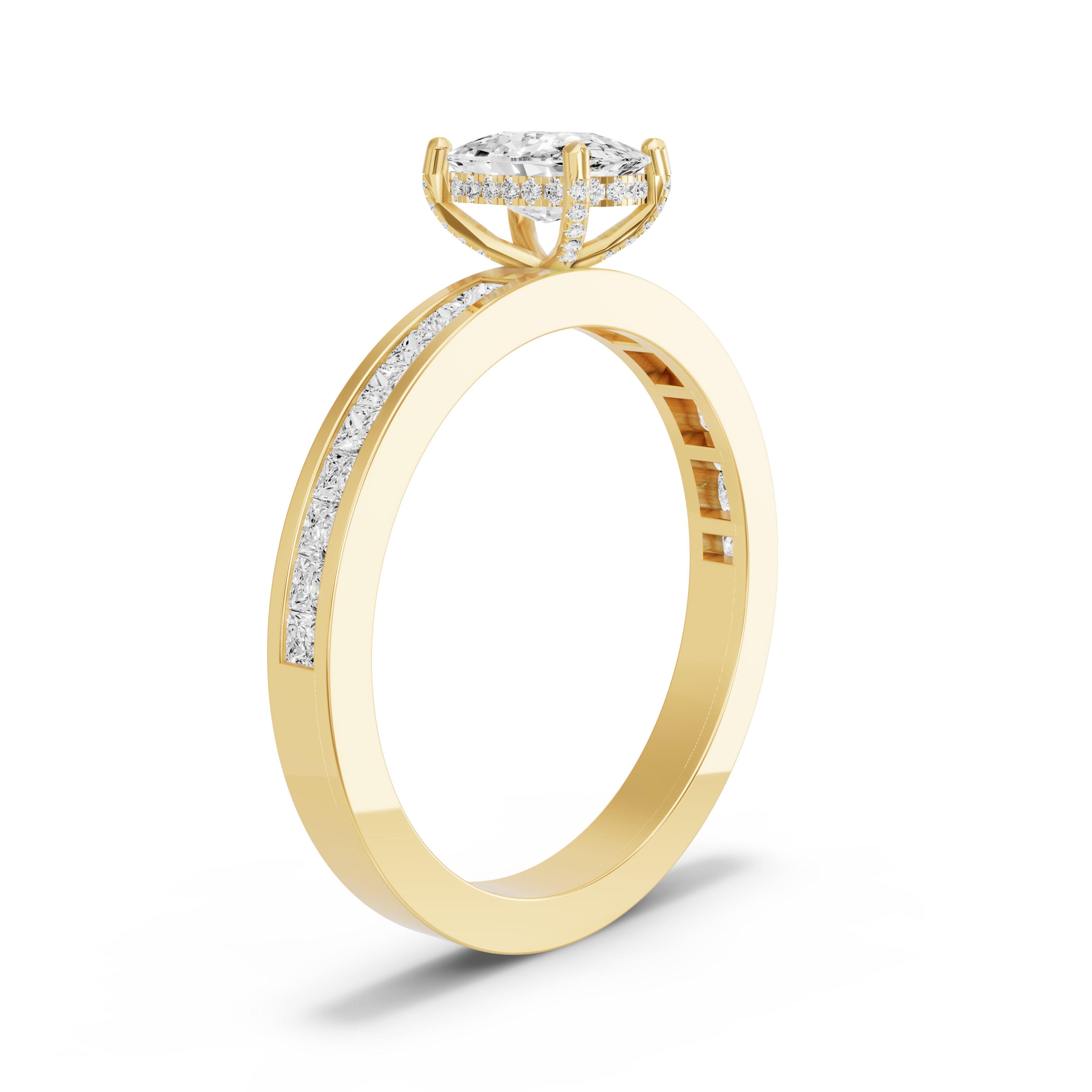 Image for Cushion Pave Basket Ring with Channel band in 18K Yellow Gold