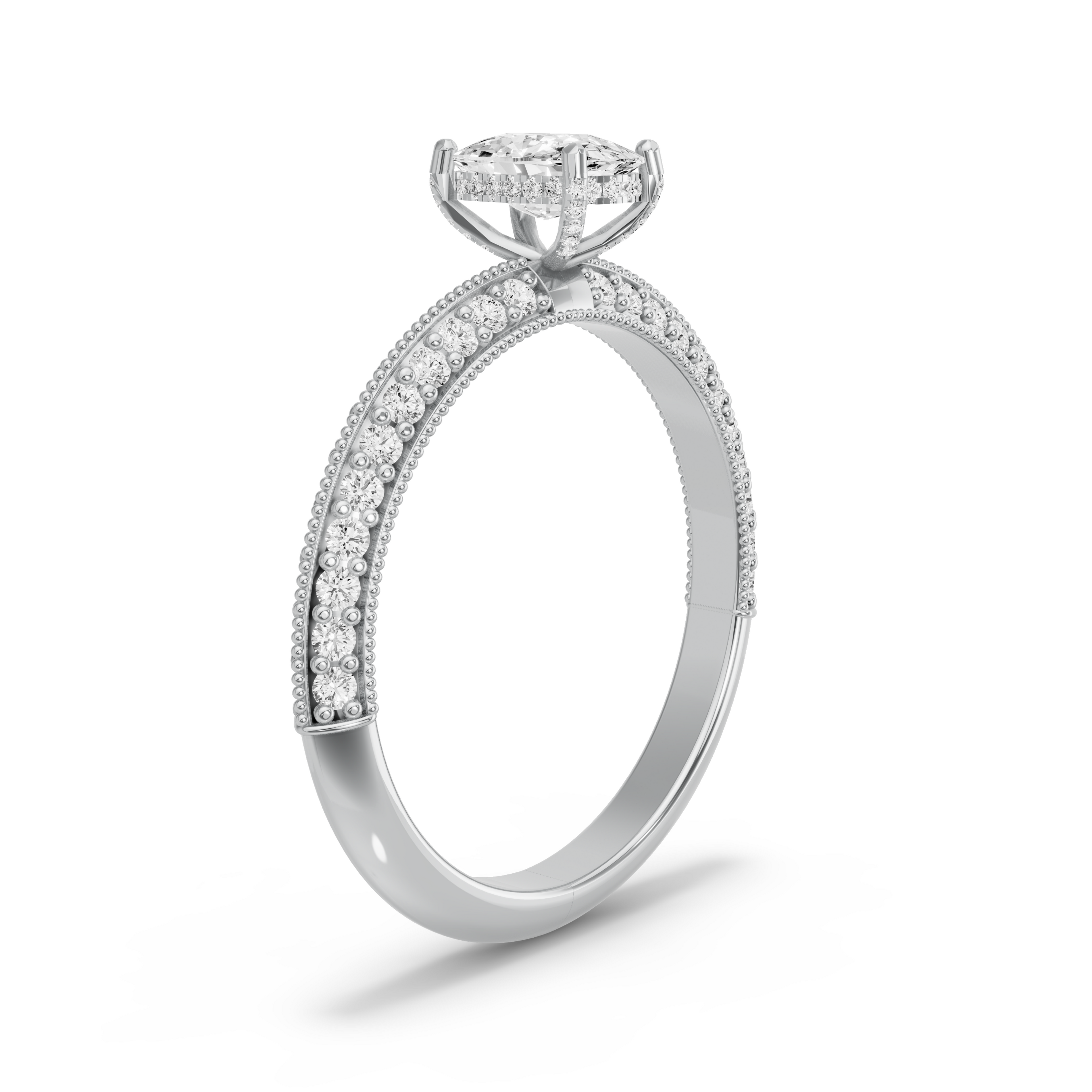 Image for Cushion Pave Basket Ring with Knife Edge Pave band in 10K White Gold