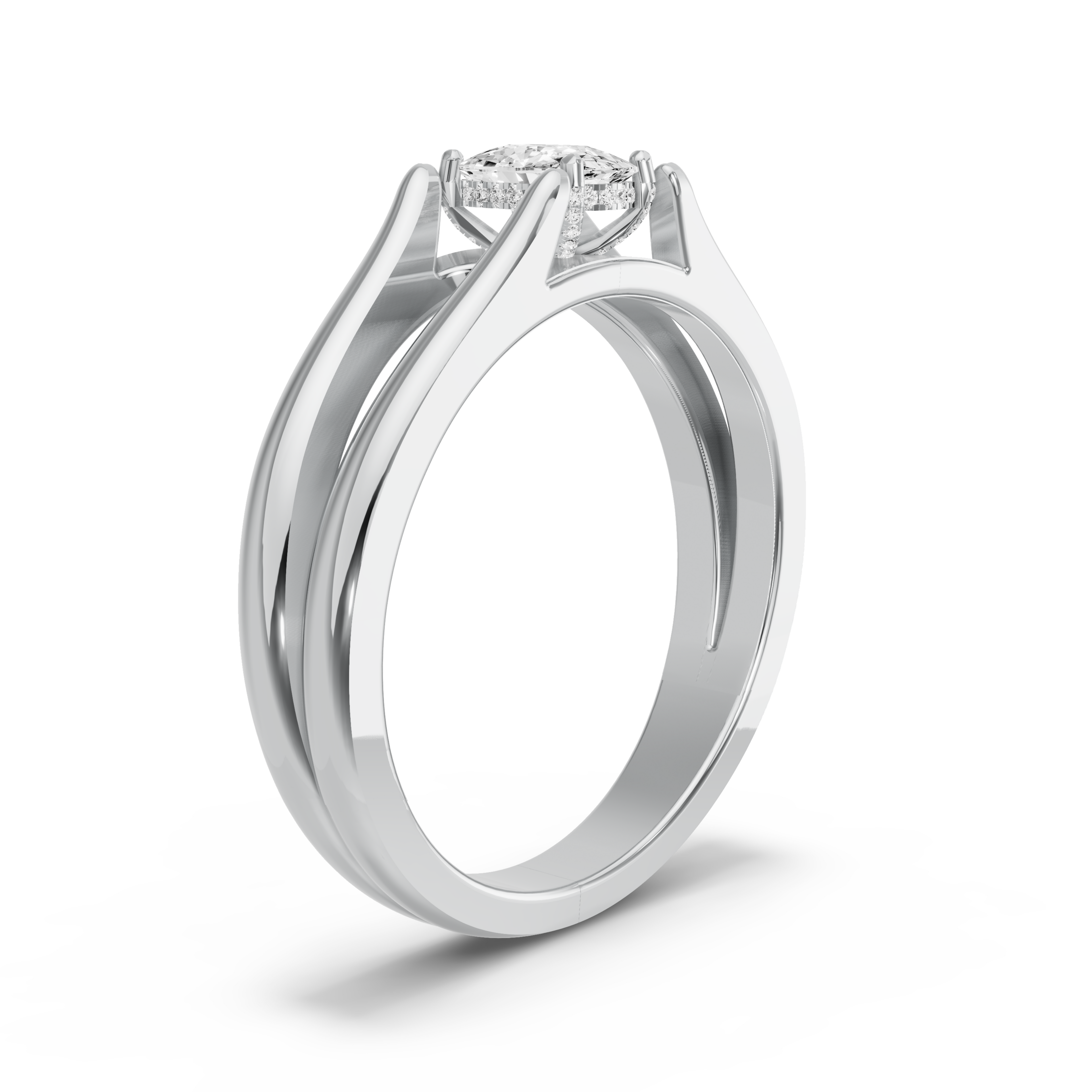 Image for Cushion Pave Basket Ring with Split Ring Solitaire band in 18K White Gold