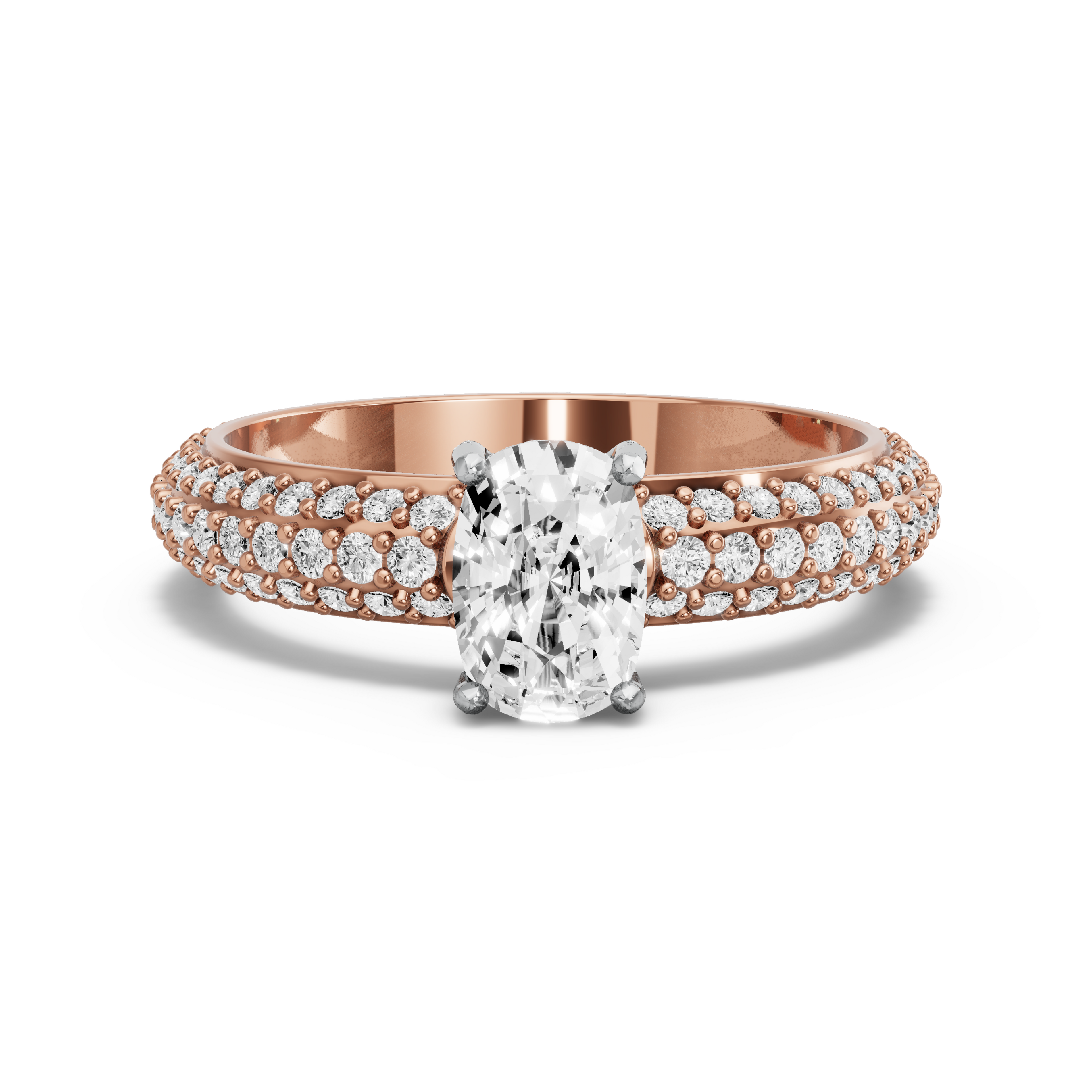 Image for Cushion Pave Basket Ring with Triple Row Pave band in 10K Two Tone Rose Gold