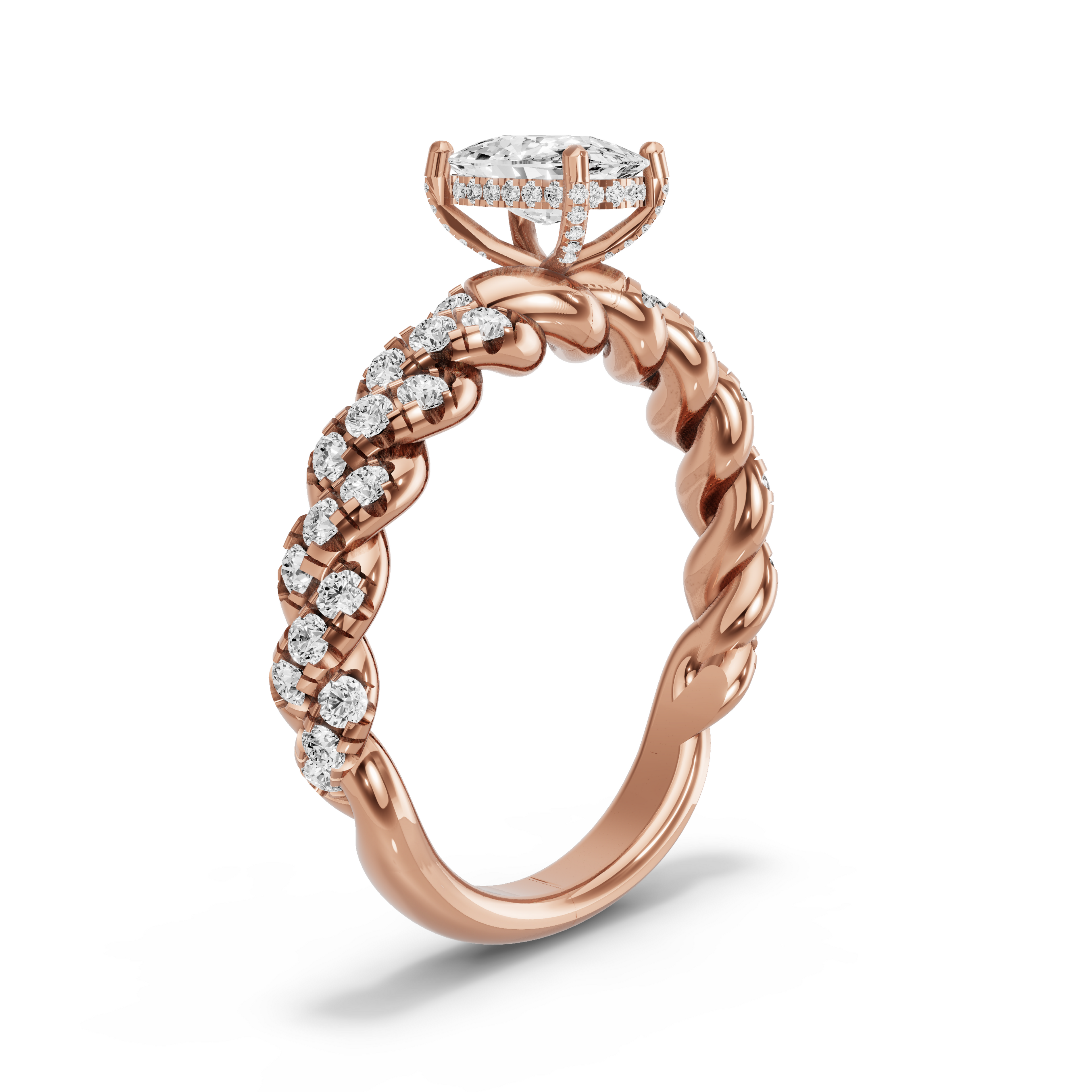 Image for Cushion Pave Basket Ring with Twist Pave band in 18K Rose Gold