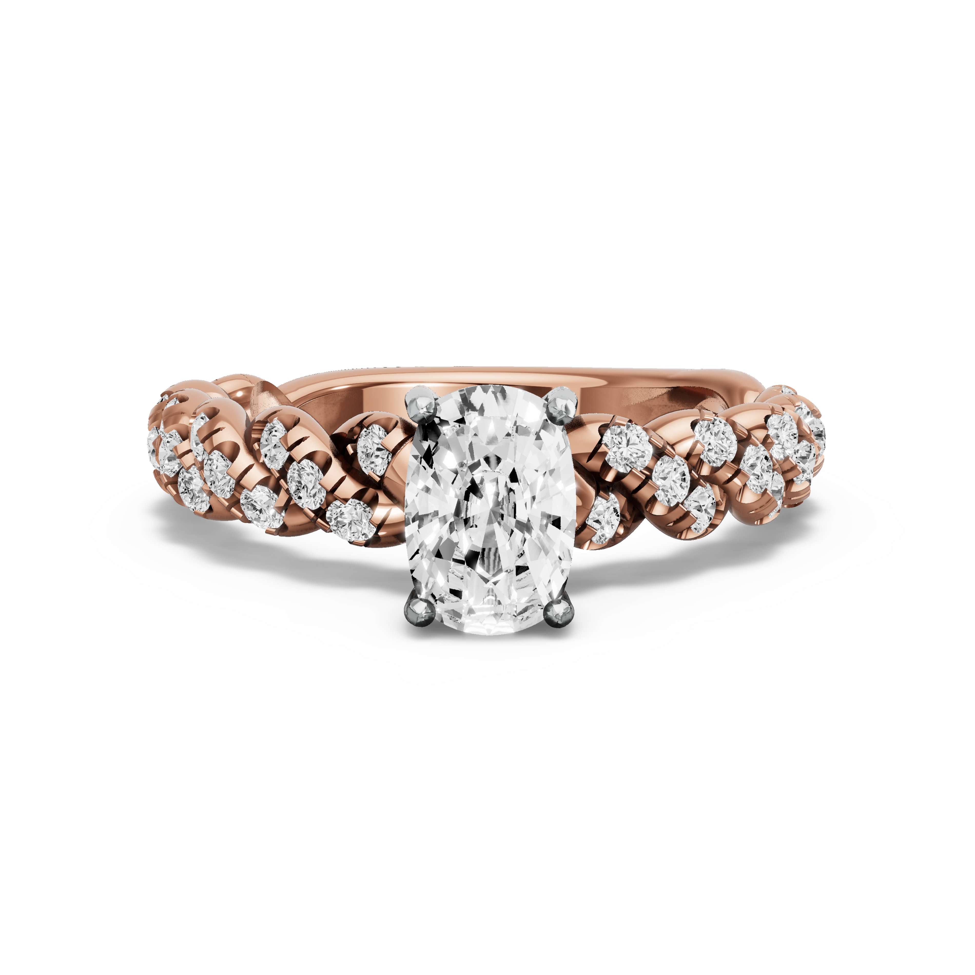Image for Cushion Pave Basket Ring with Twist Pave band in 14K Two Tone Rose Gold