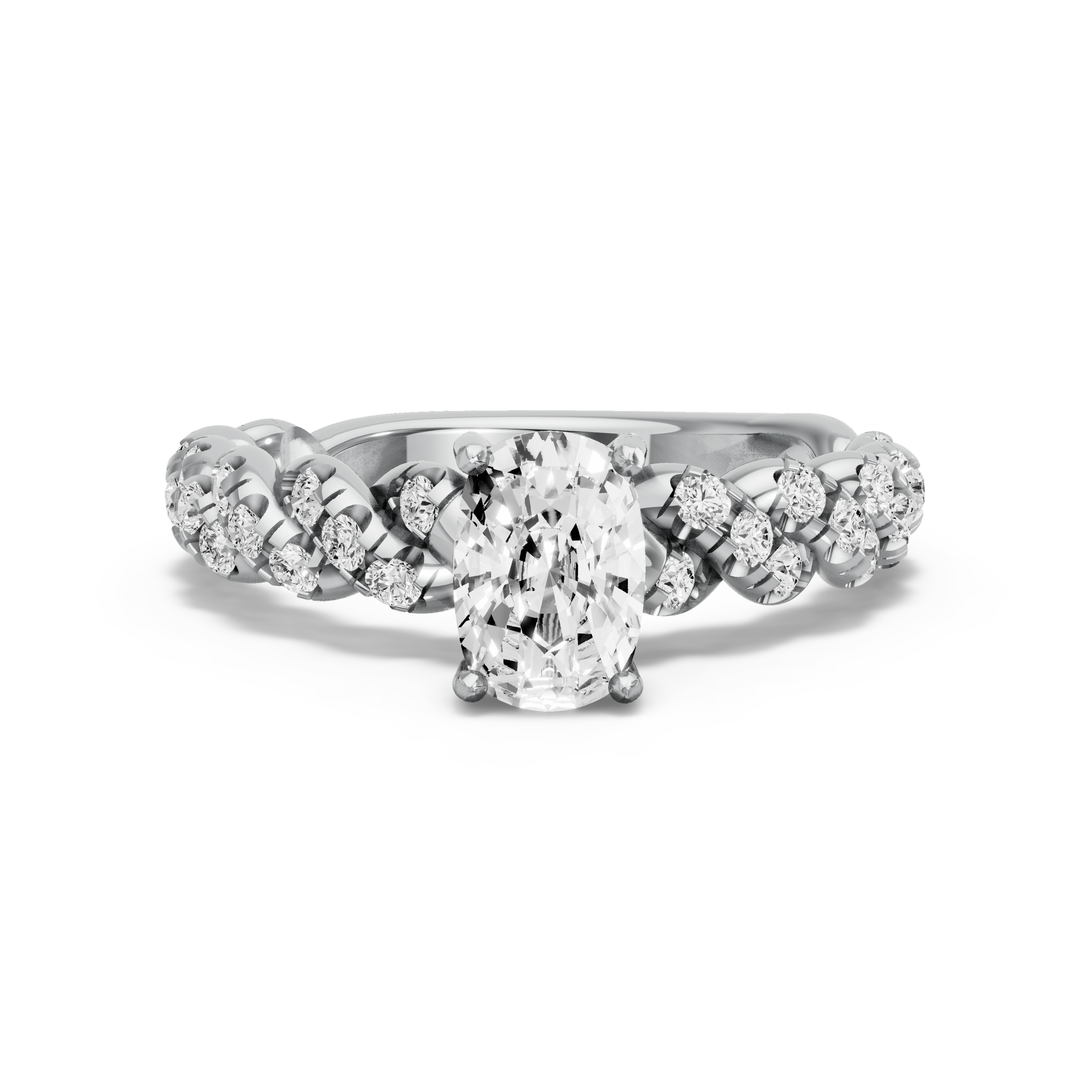 Image for Cushion Pave Basket Ring with Twist Pave band in 18K White Gold