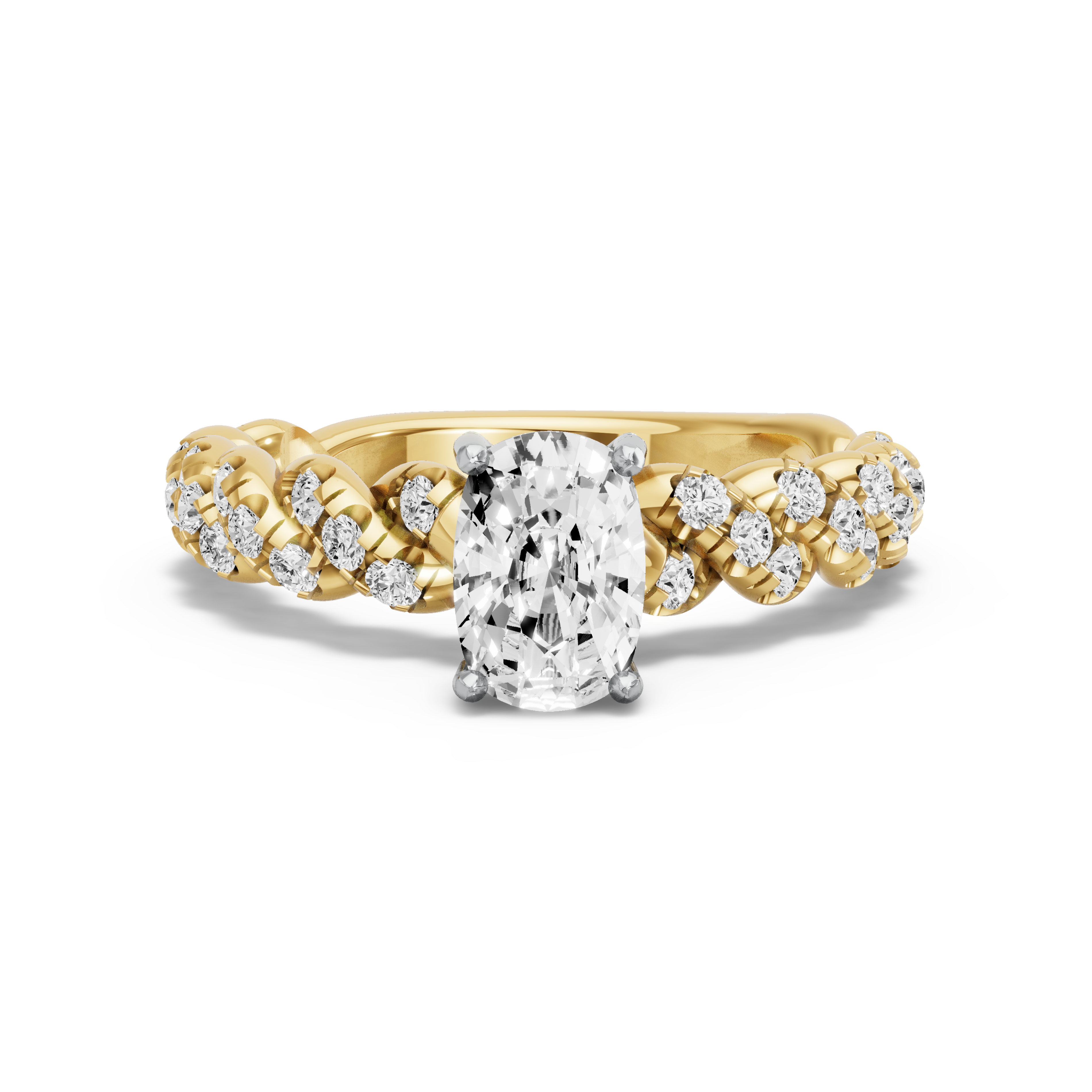 Image for Cushion Pave Basket Ring with Twist Pave band in 18K Two Tone Yellow Gold