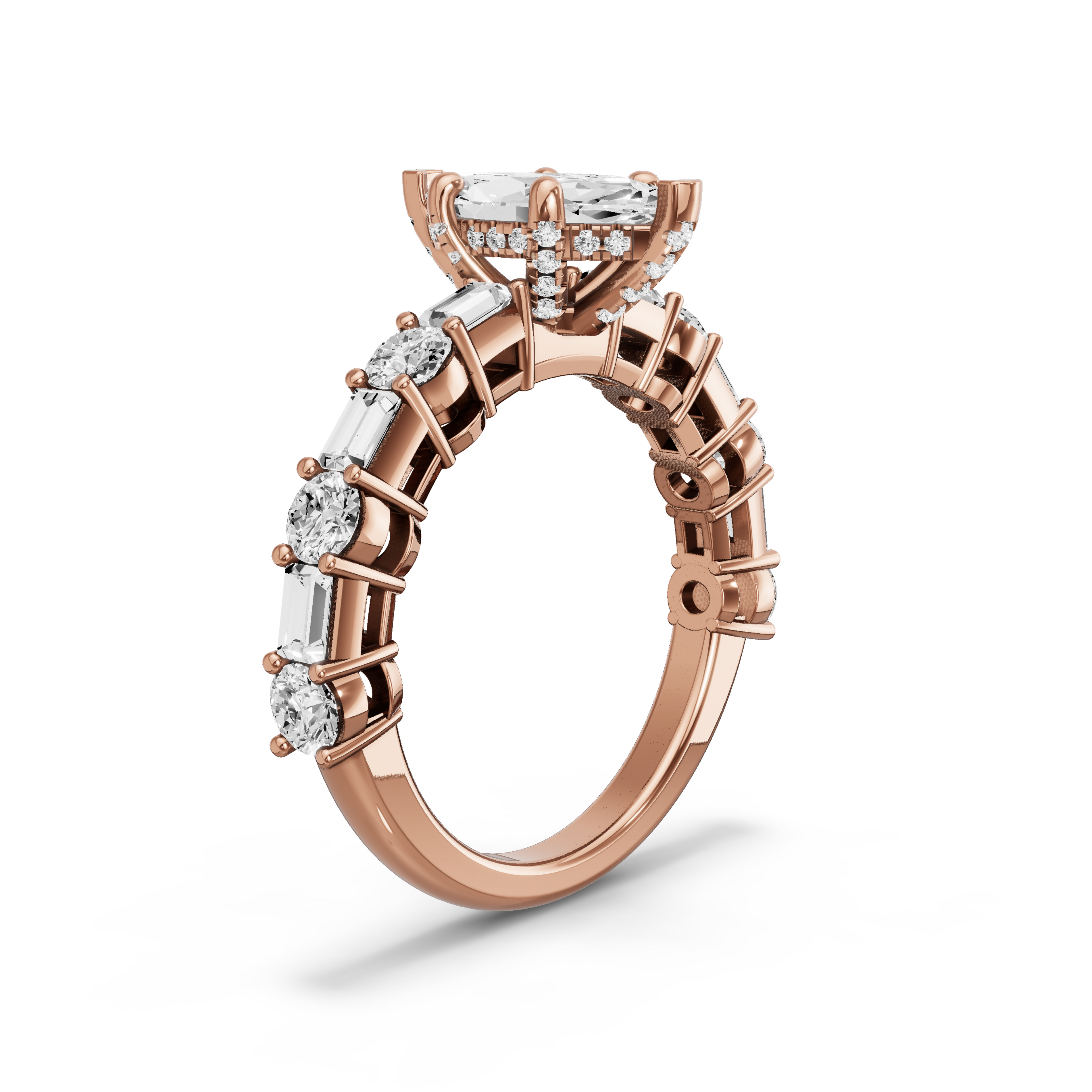 Image for Marquise Pave Basket Ring with Alternating Baguette band in 18K Rose Gold