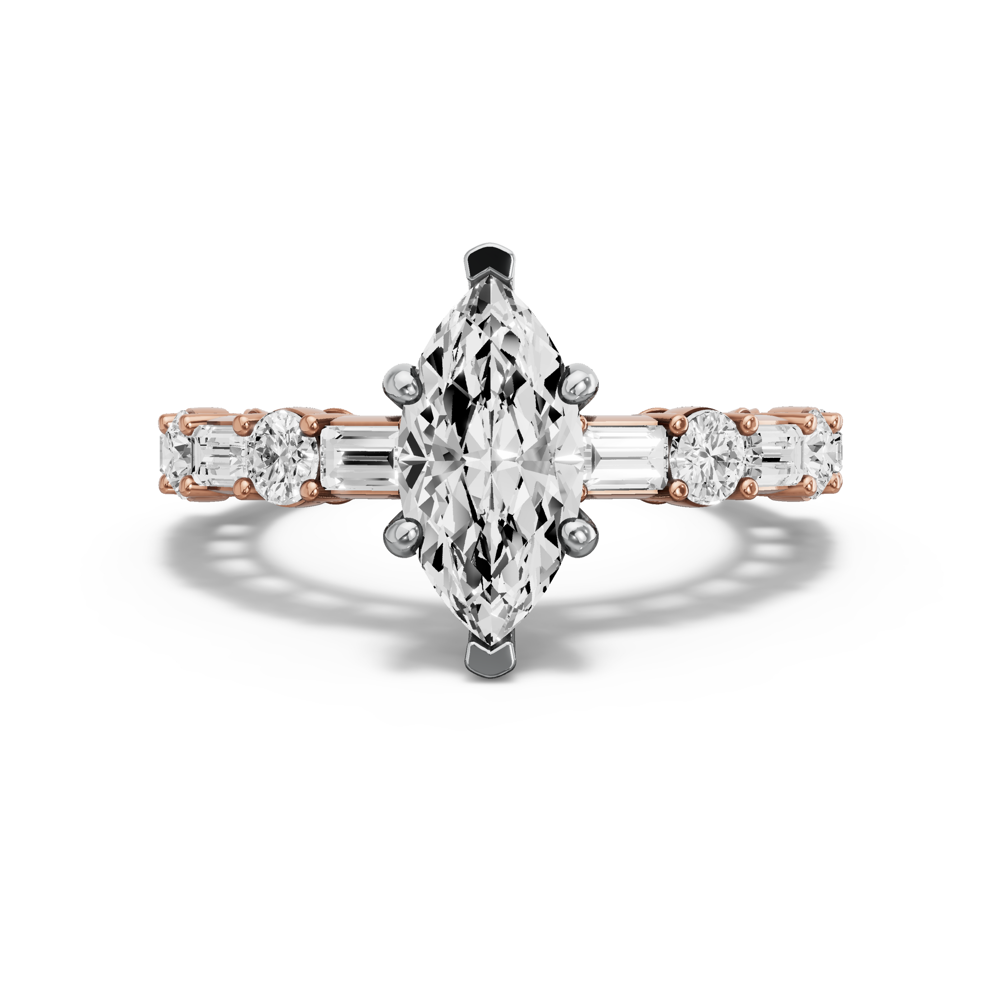 Image for Marquise Pave Basket Ring with Alternating Baguette band in 14K Two Tone Rose Gold