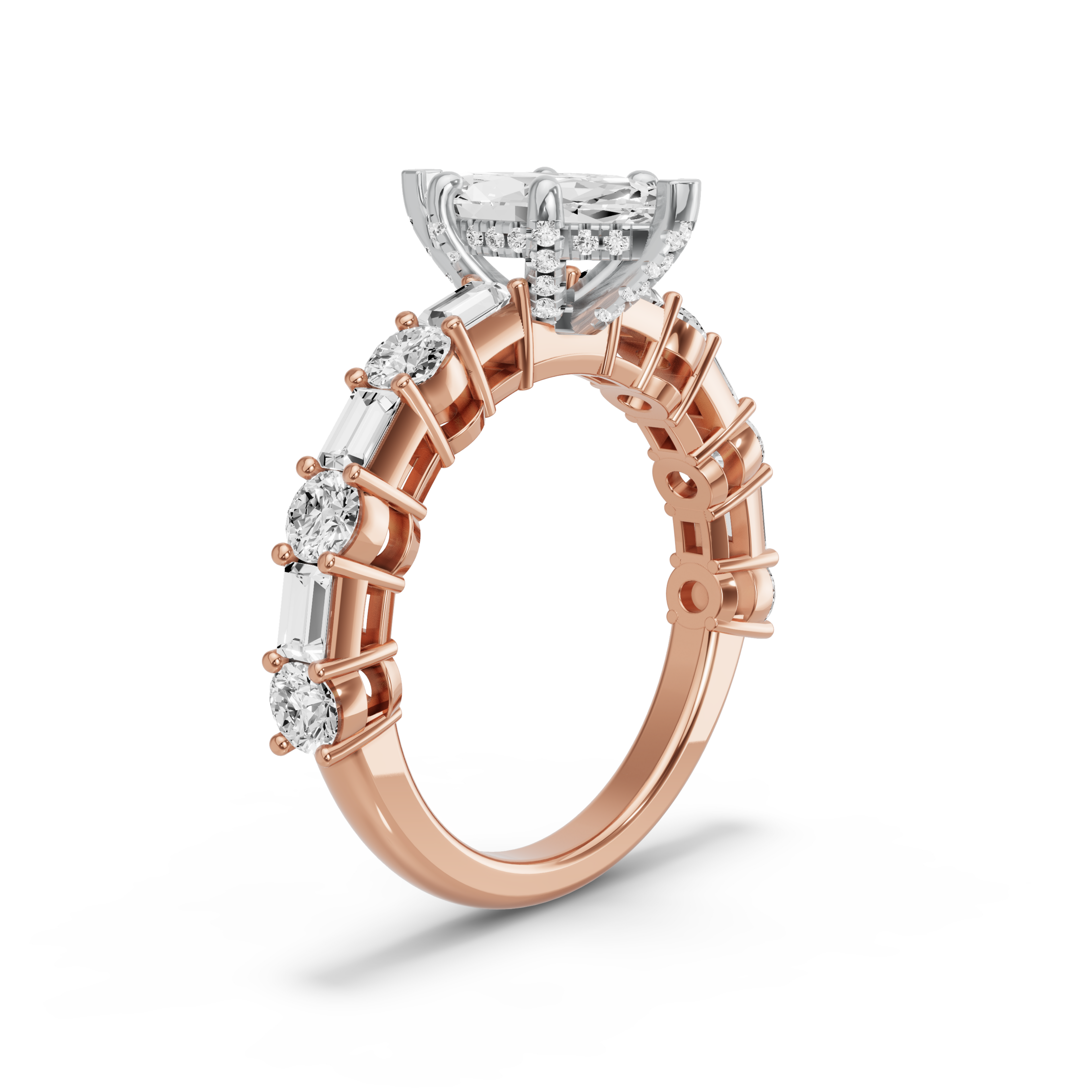Image for Marquise Pave Basket Ring with Alternating Baguette band in 14K Two Tone Rose Gold