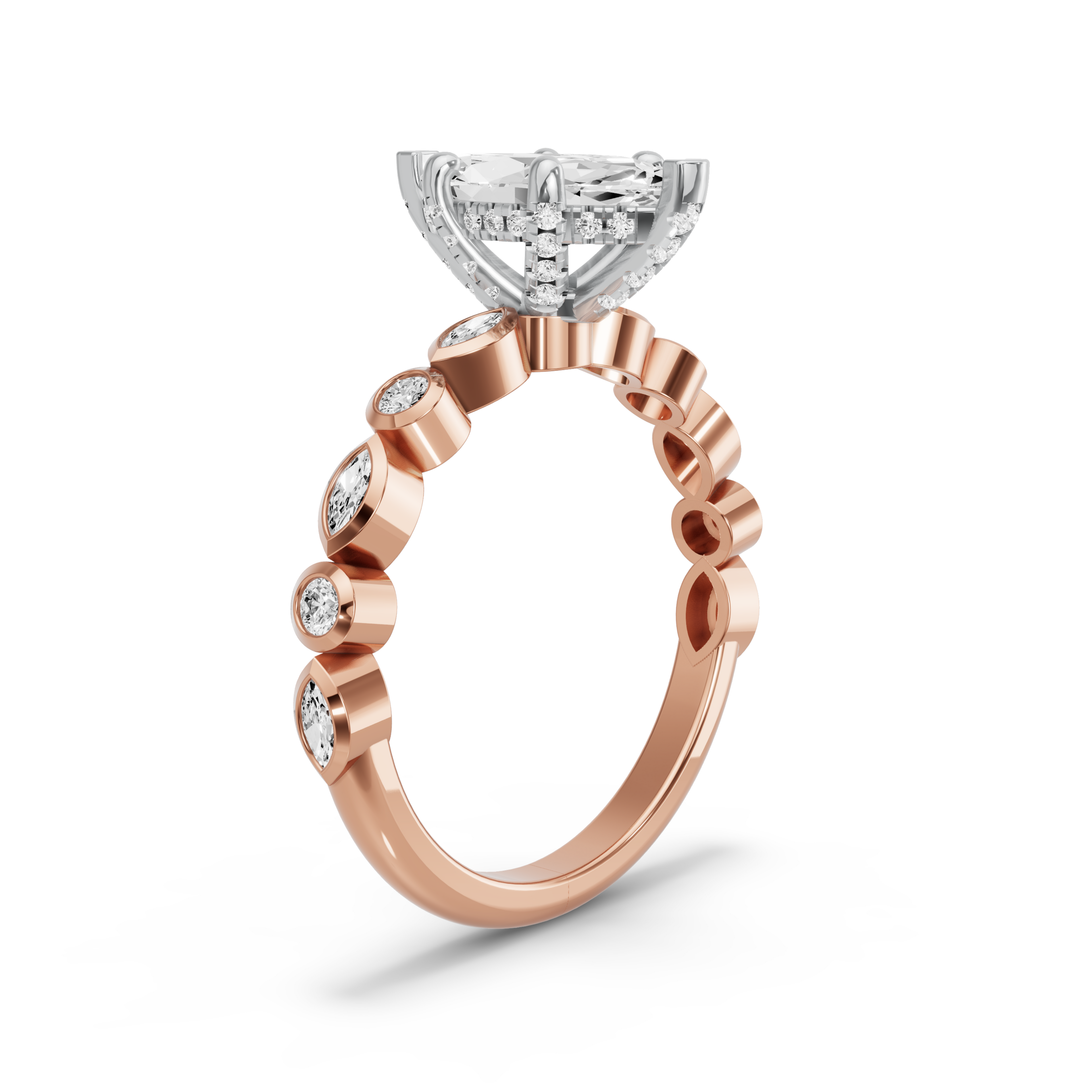 Image for Marquise Pave Basket Ring with Alternating Marquise band in 18K Two Tone Rose Gold
