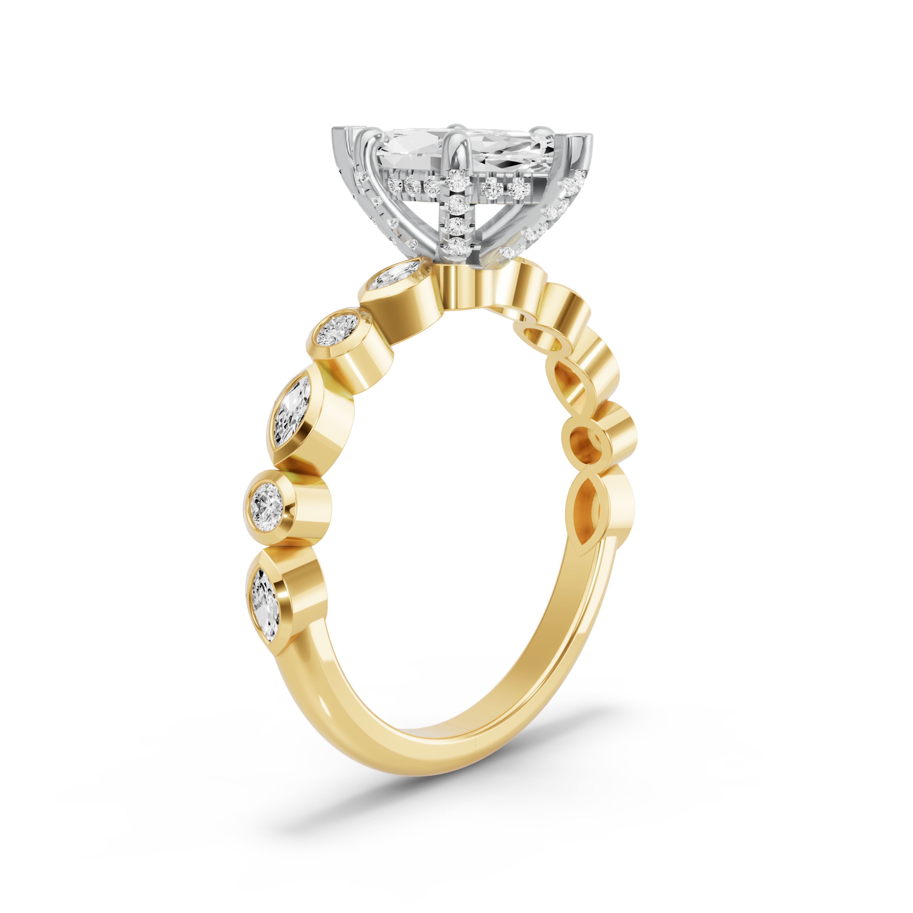 Image for Marquise Pave Basket Ring with Alternating Marquise band in 10K Two Tone Yellow Gold