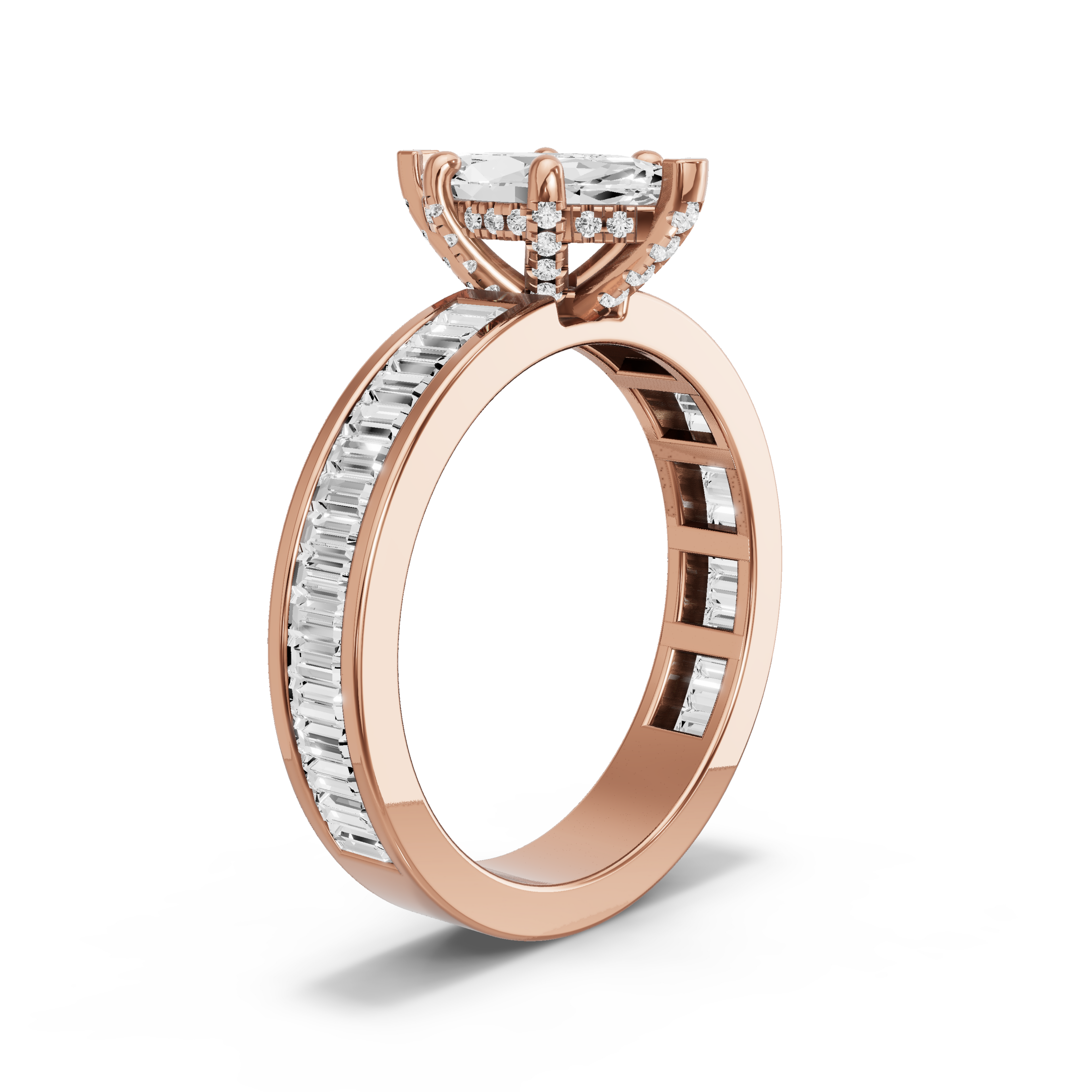 Image for Marquise Pave Basket Ring with Baguette Channel band in 14K Rose Gold