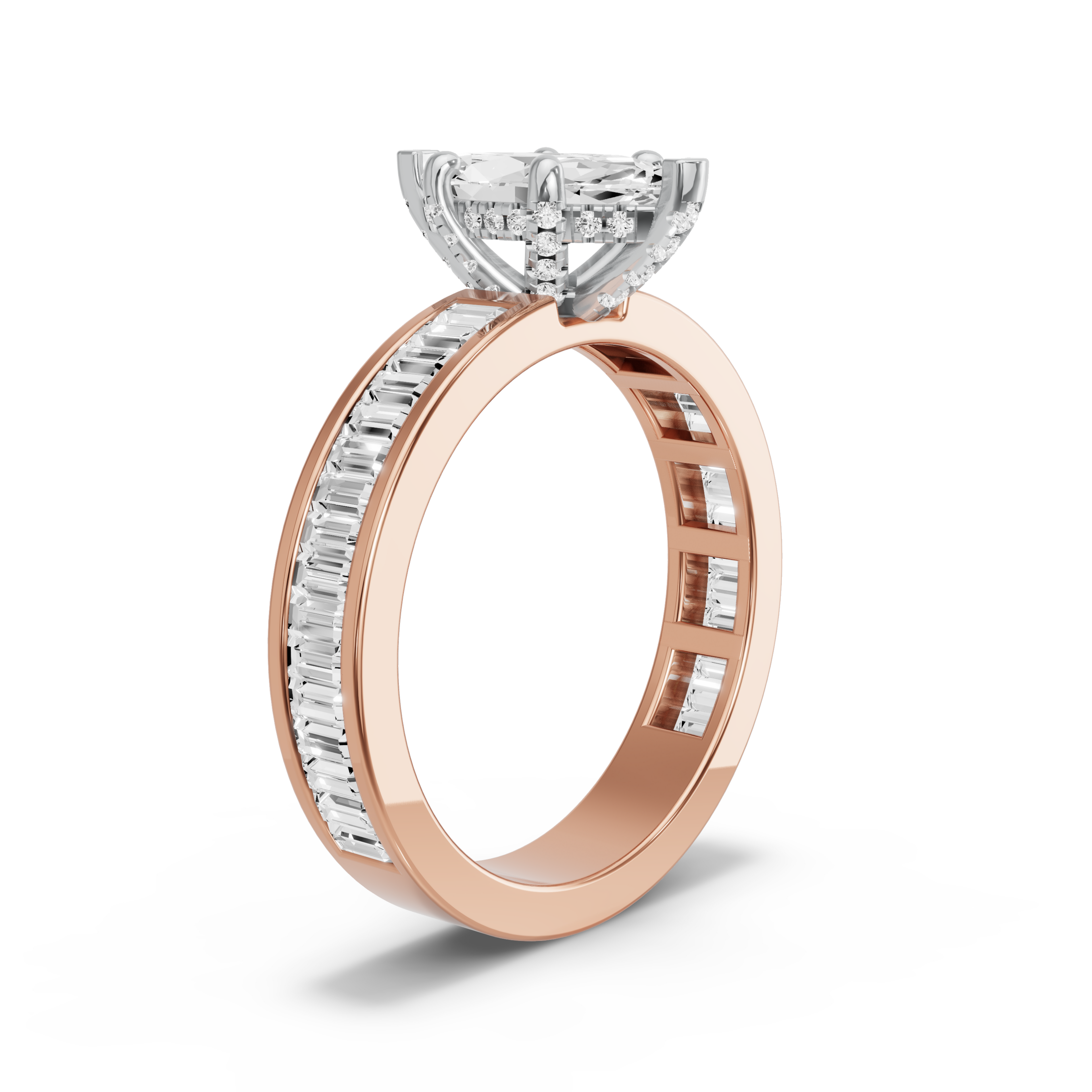 Image for Marquise Pave Basket Ring with Baguette Channel band in 14K Two Tone Rose Gold