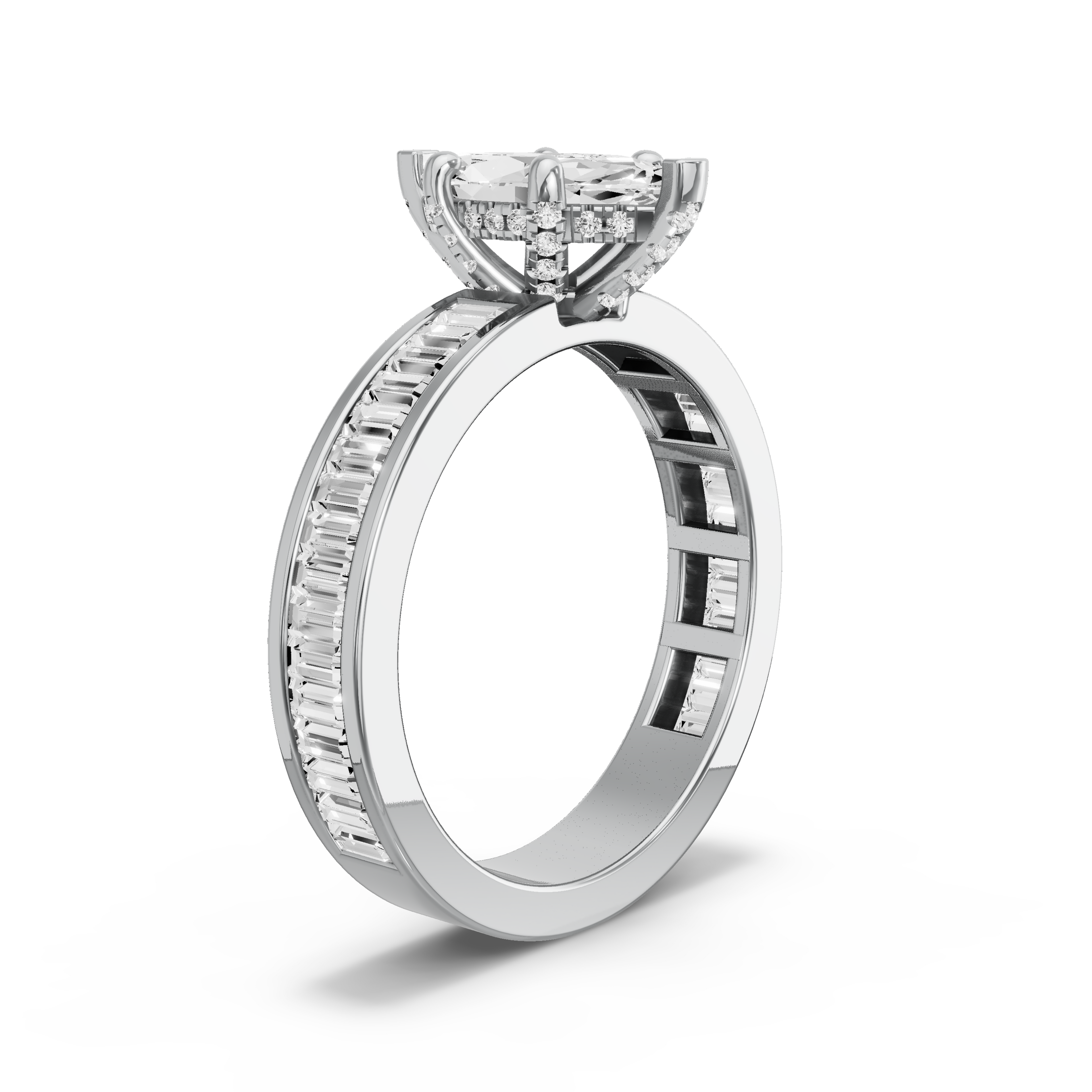Image for Marquise Pave Basket Ring with Baguette Channel band in 18K White Gold