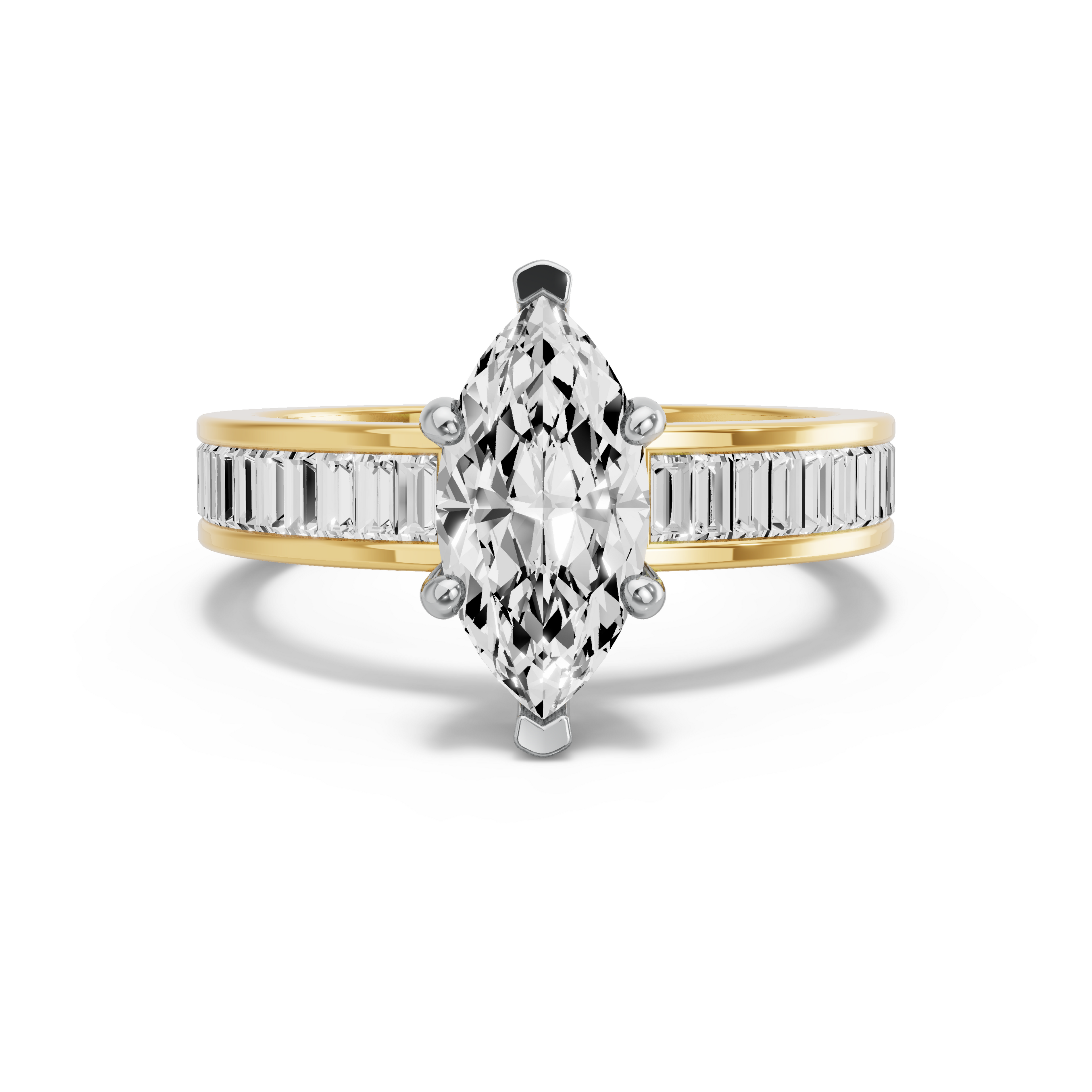 Image for Marquise Pave Basket Ring with Baguette Channel band in 14K Two Tone Yellow Gold