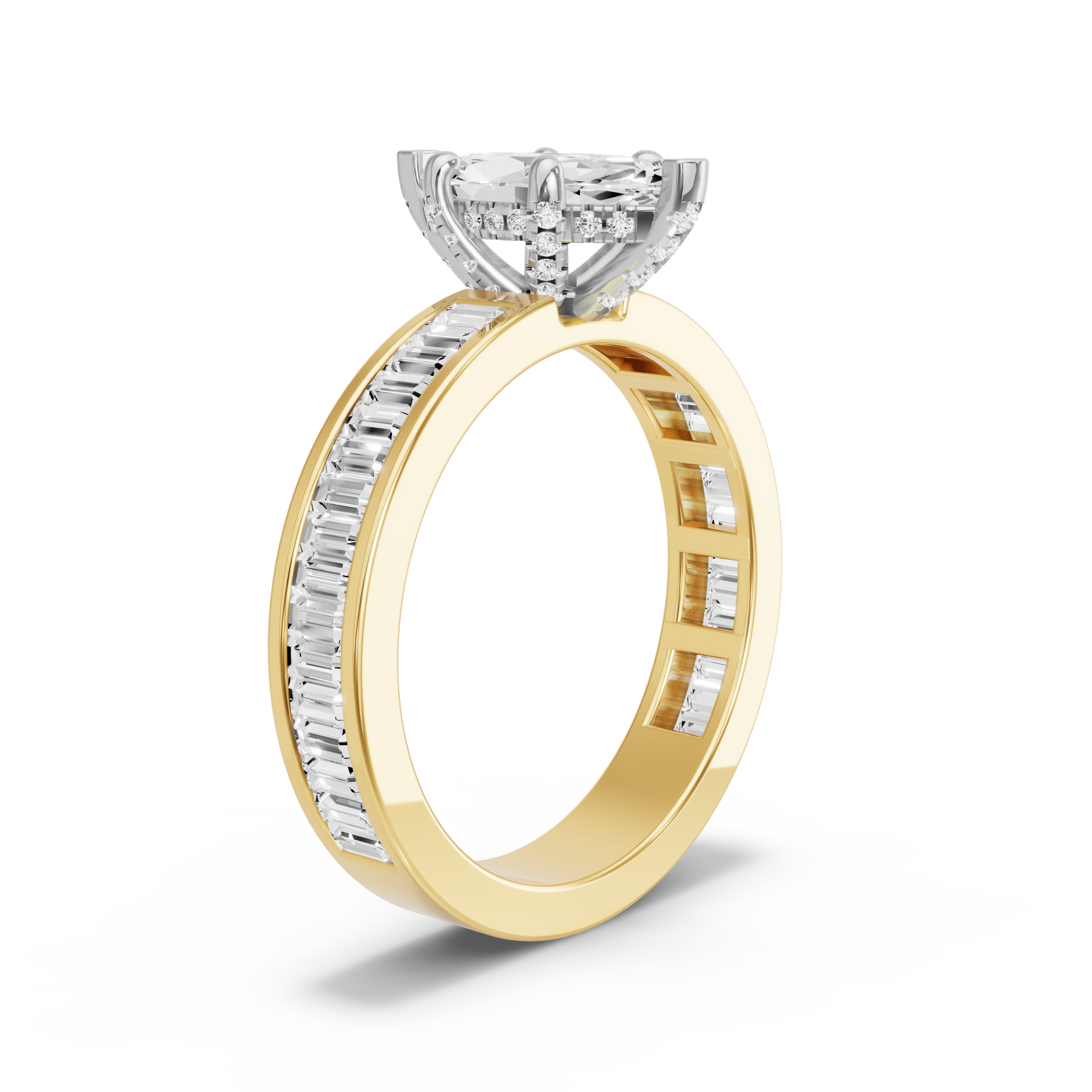 Image for Marquise Pave Basket Ring with Baguette Channel band in 10K Two Tone Yellow Gold