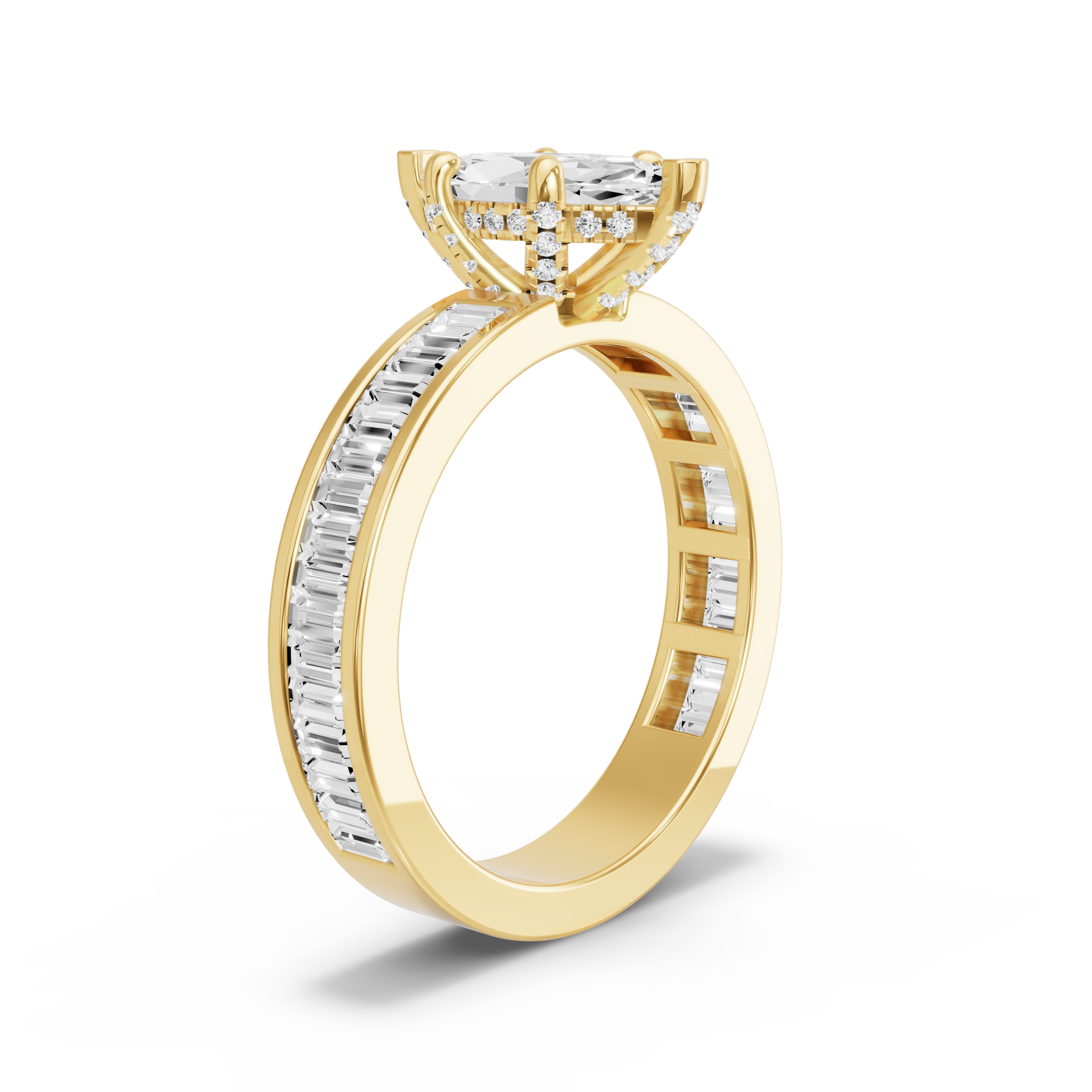Image for Marquise Pave Basket Ring with Baguette Channel band in 18K Yellow Gold