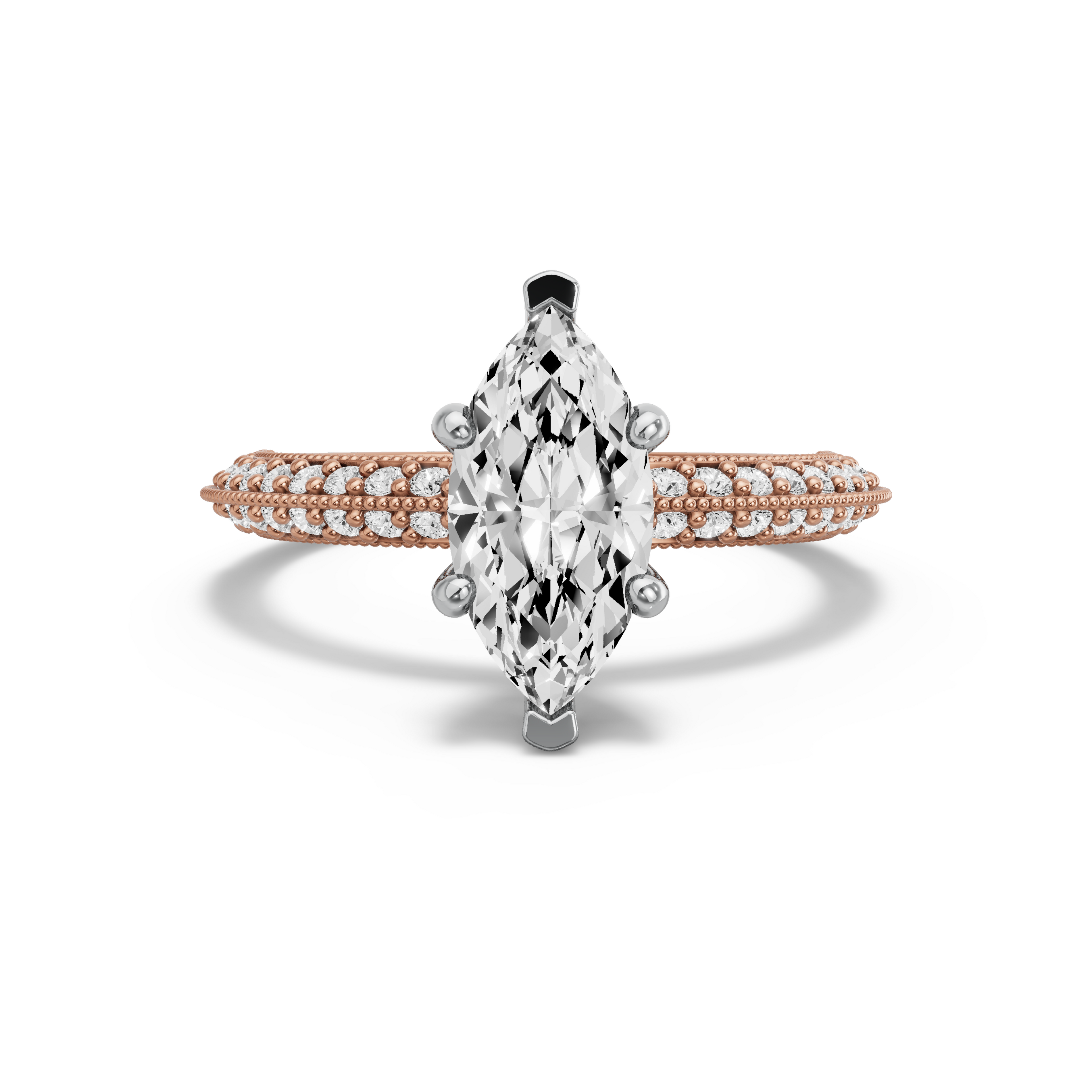 Image for Marquise Pave Basket Ring with Knife Edge Pave band in 18K Two Tone Rose Gold