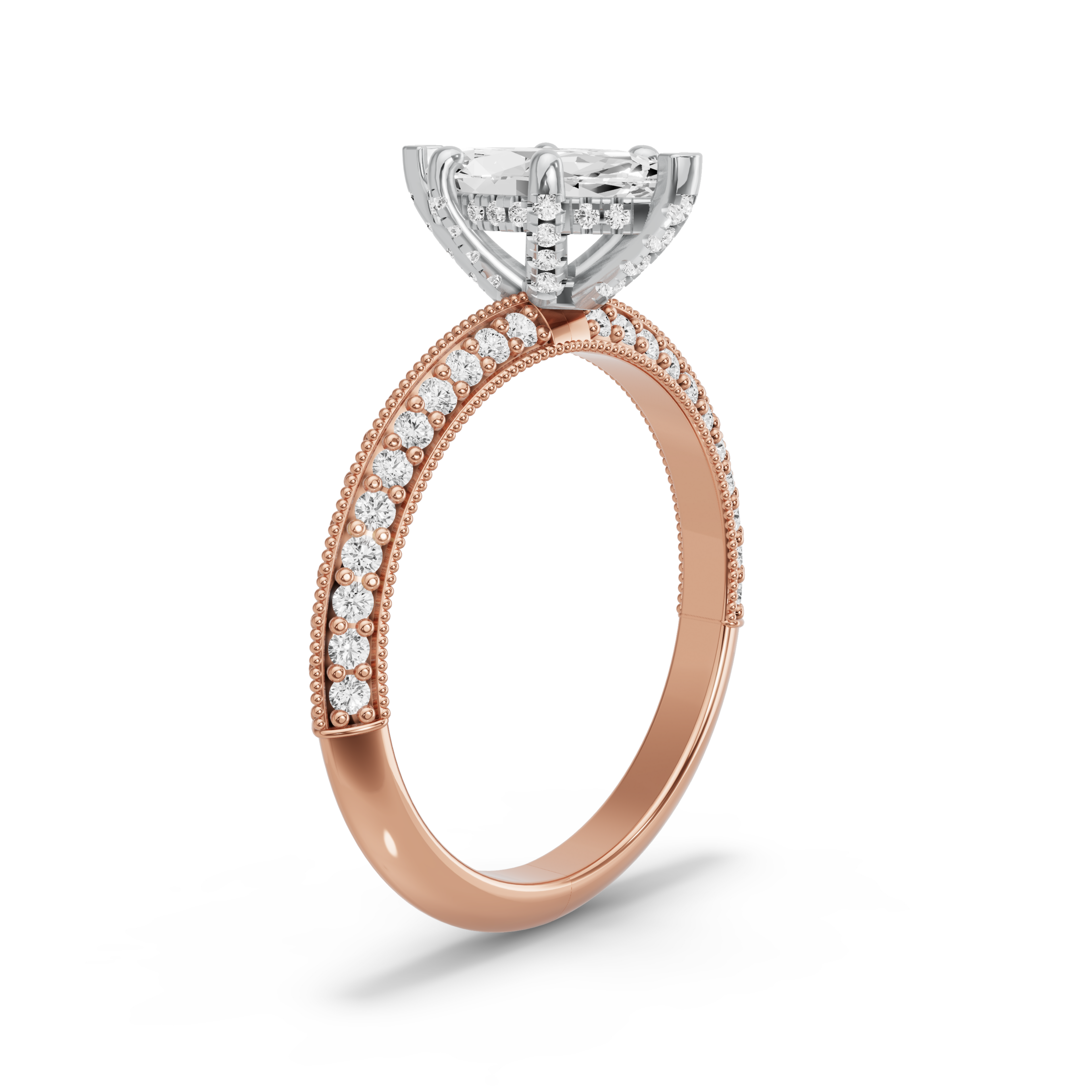 Image for Marquise Pave Basket Ring with Knife Edge Pave band in 10K Two Tone Rose Gold