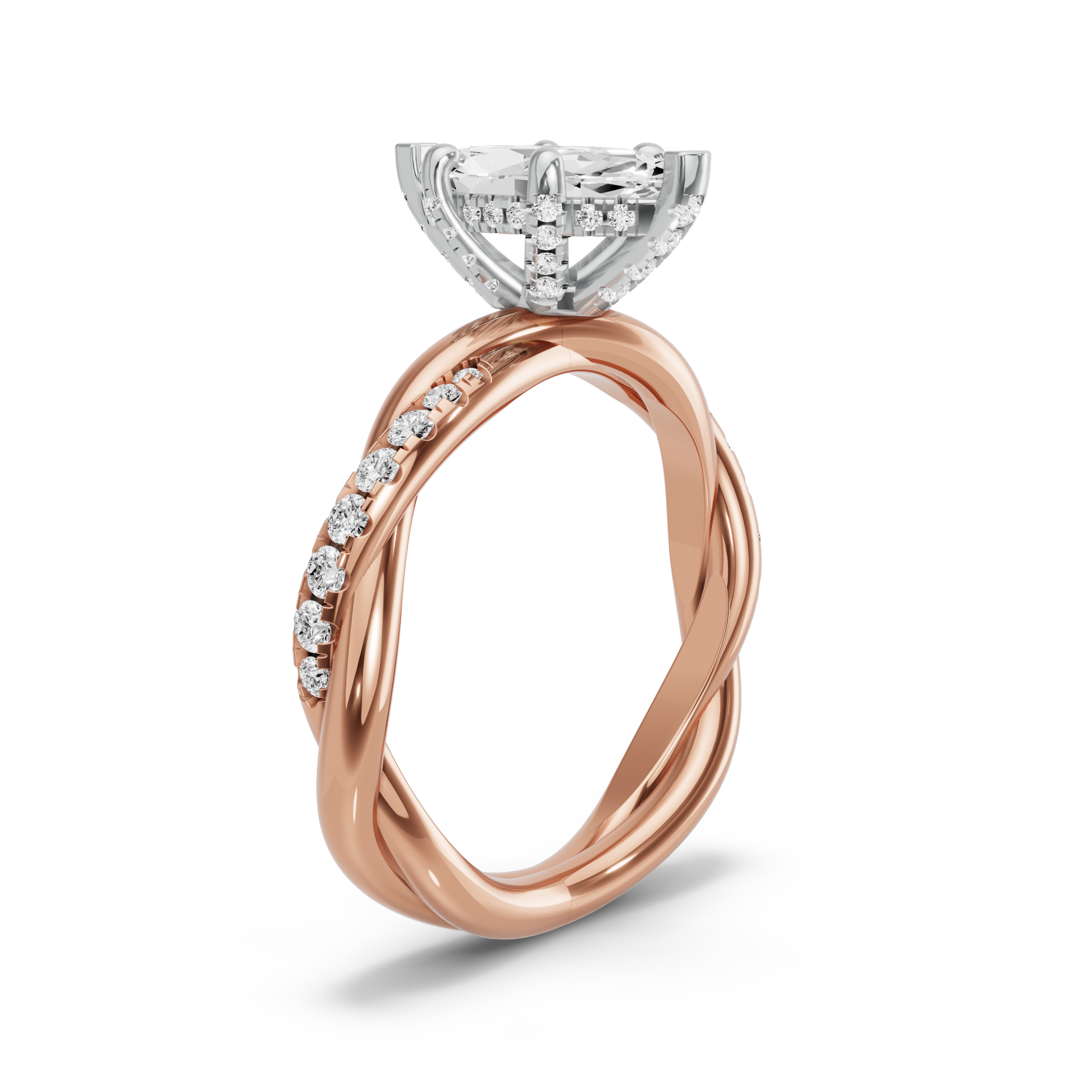 Image for Marquise Pave Basket Ring with Rope Pave band in 18K Two Tone Rose Gold