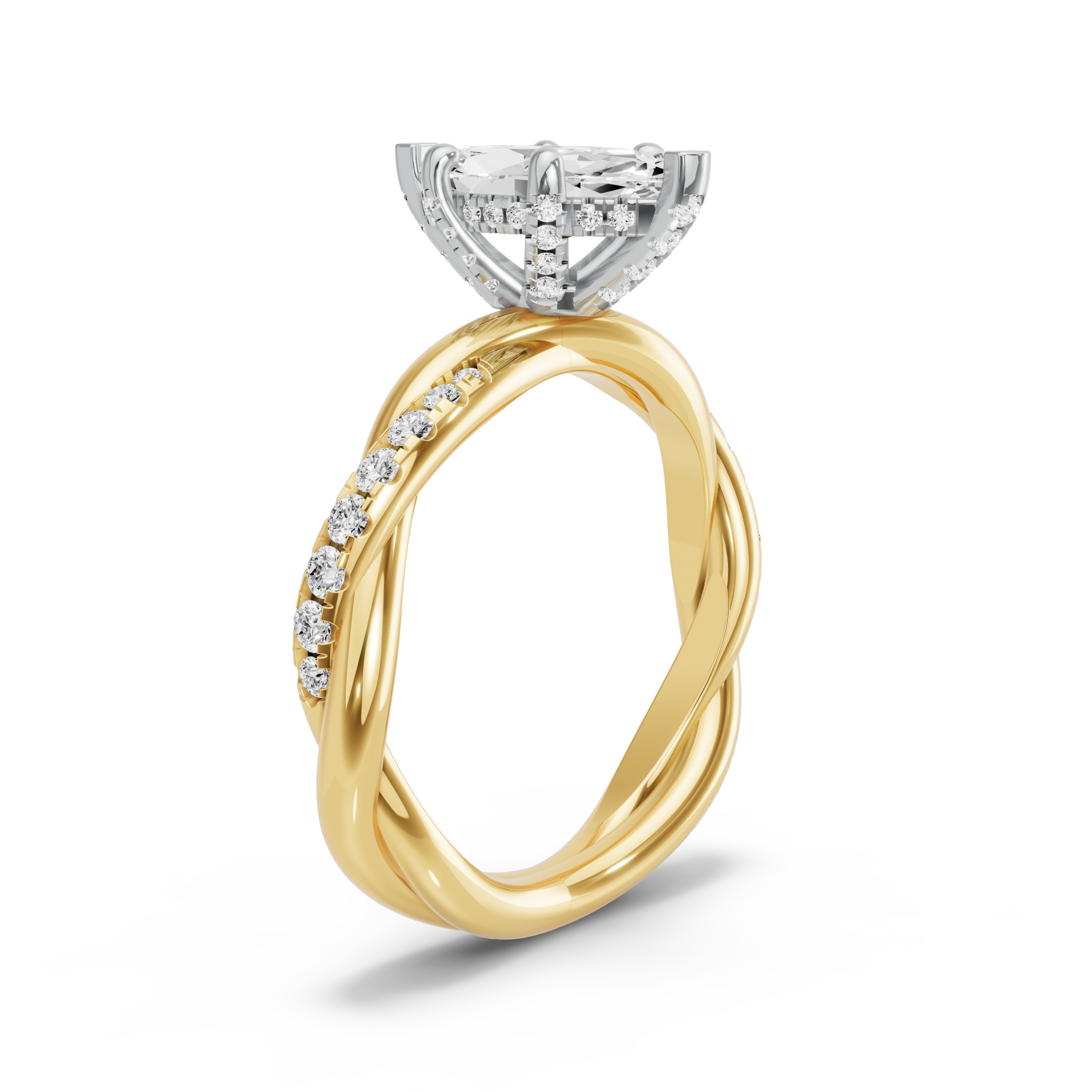 Image for Marquise Pave Basket Ring with Rope Pave band in 18K Two Tone Yellow Gold