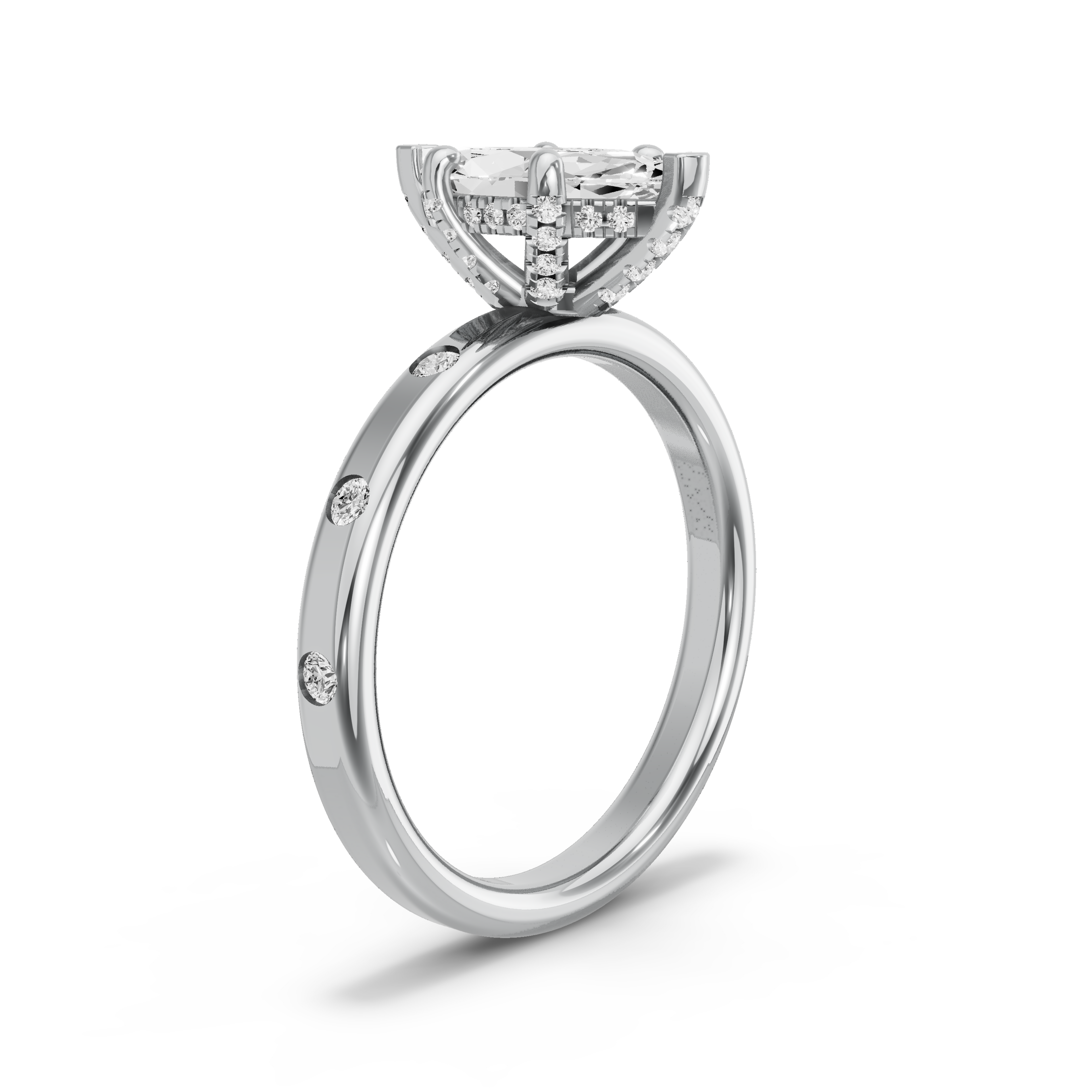 Image for Marquise Pave Basket Ring with Sleek Accent band in 18K White Gold