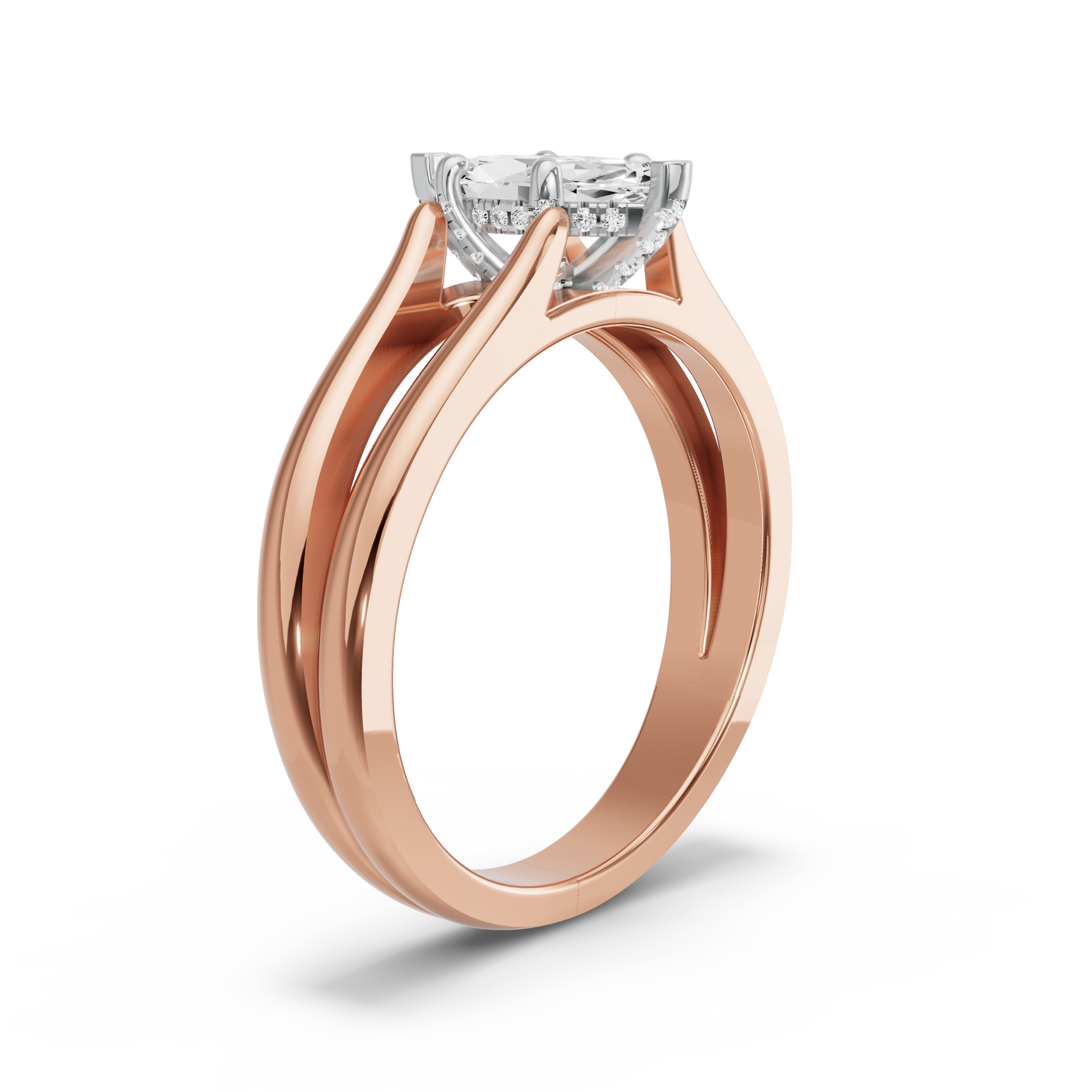 Image for Marquise Pave Basket Ring with Split Ring Solitaire band in 14K Two Tone Rose Gold
