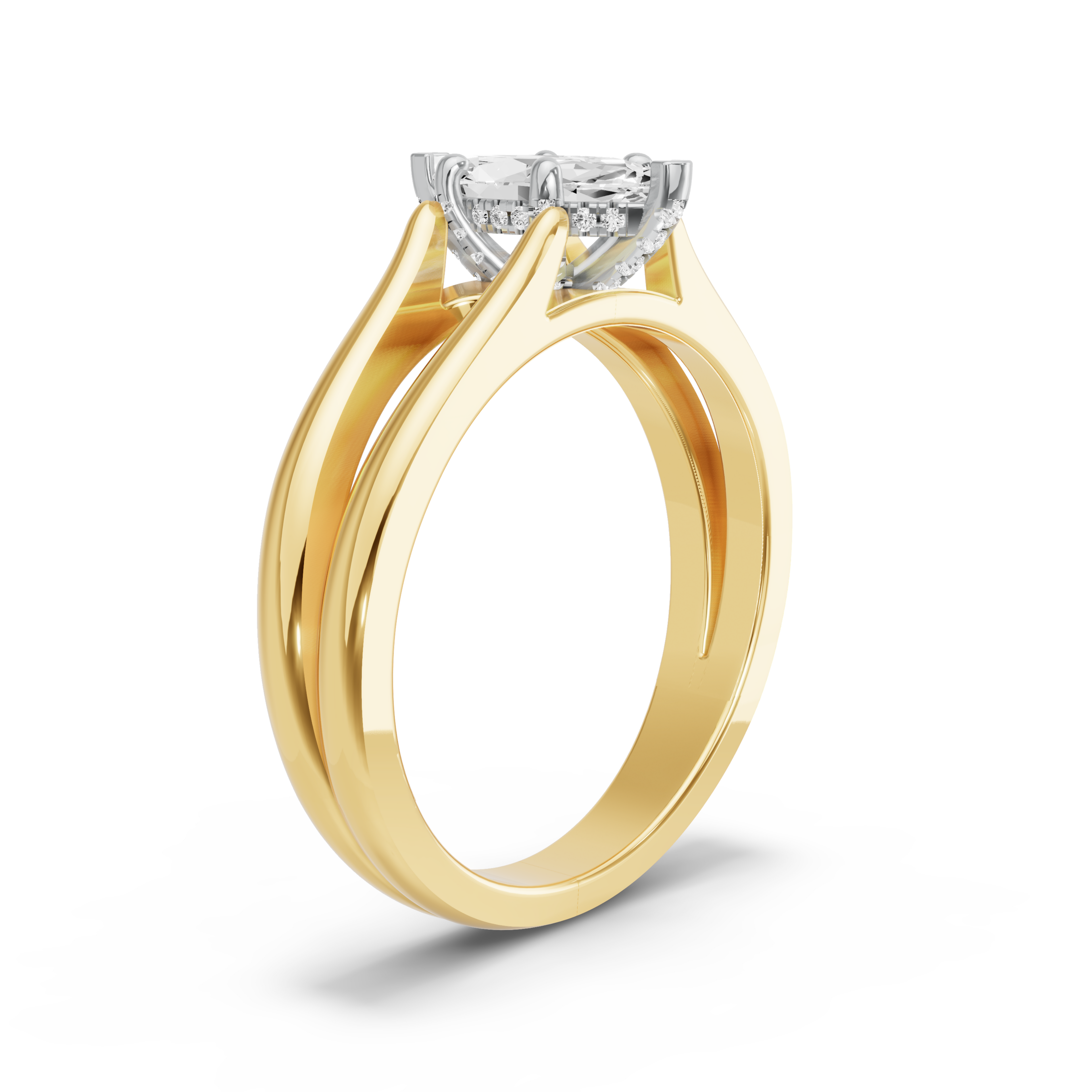 Image for Marquise Pave Basket Ring with Split Ring Solitaire band in 18K Two Tone Yellow Gold