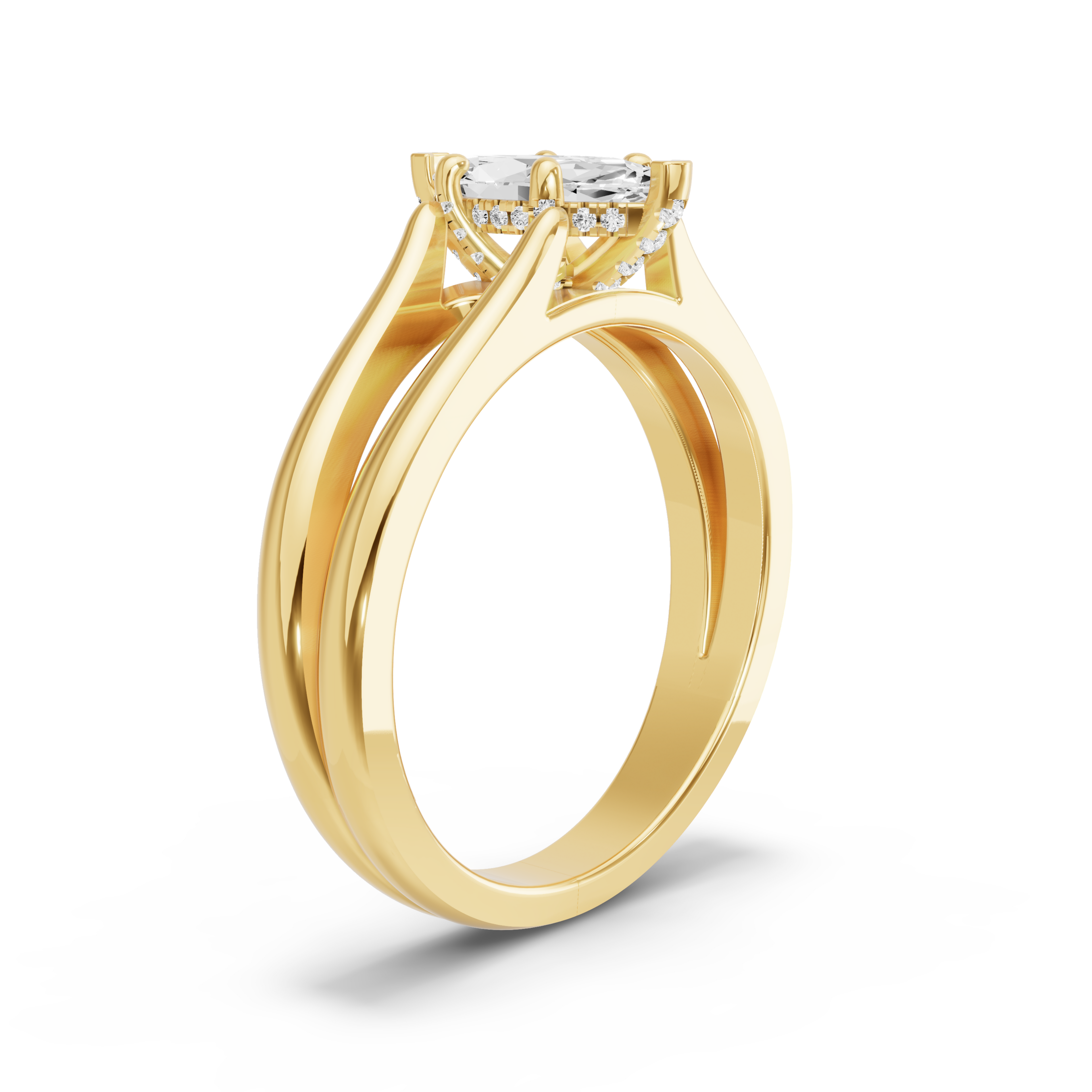 Image for Marquise Pave Basket Ring with Split Ring Solitaire band in 18K Yellow Gold
